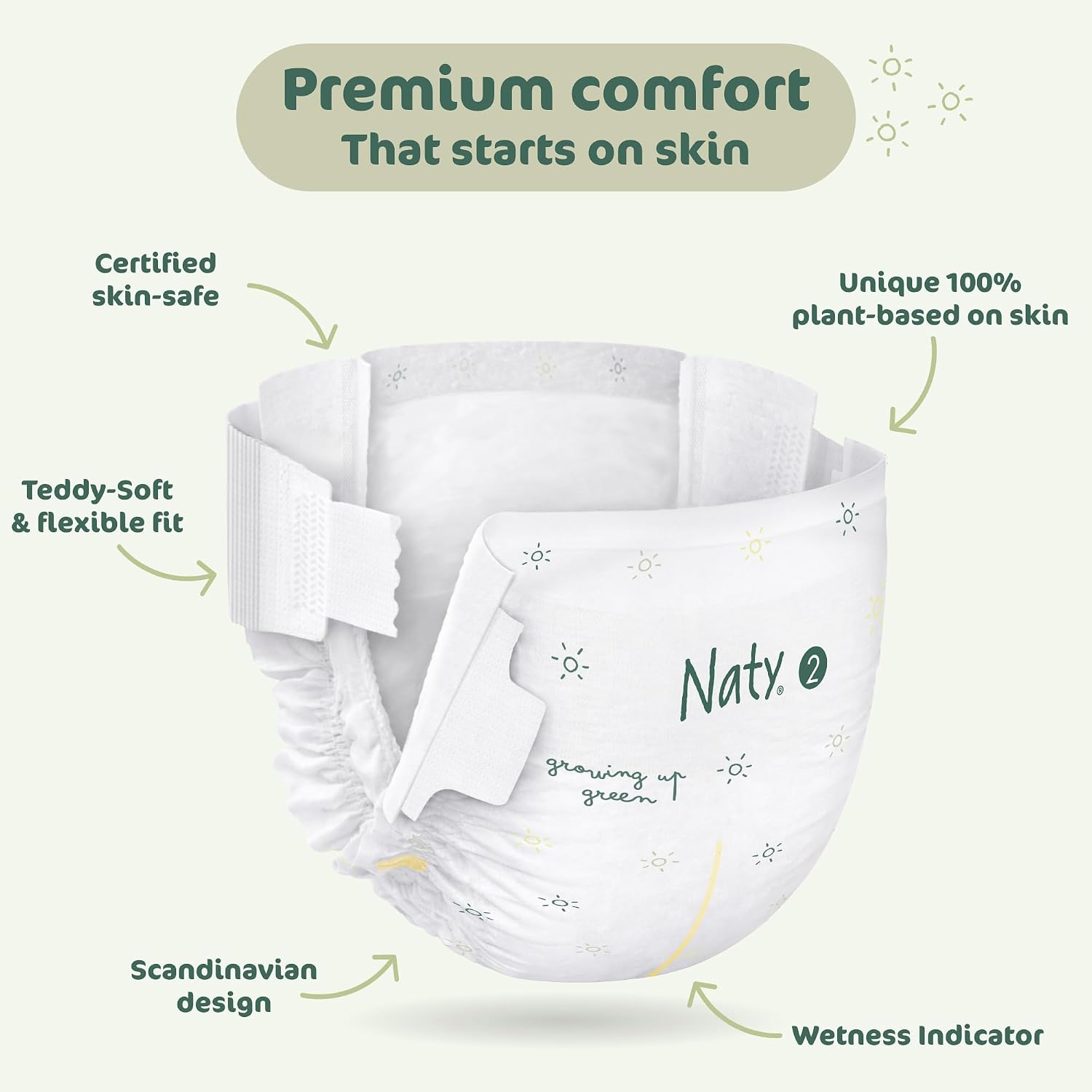 Naty BioEmbrace Baby Newborn Diapers | Sensitive Skin Safe Certified | Leak Protection up to 100% | Plant-Based Teddy Softness, Premium Comfort | Chlorine-Free | Size 2 (6–13 lbs), 132 Count