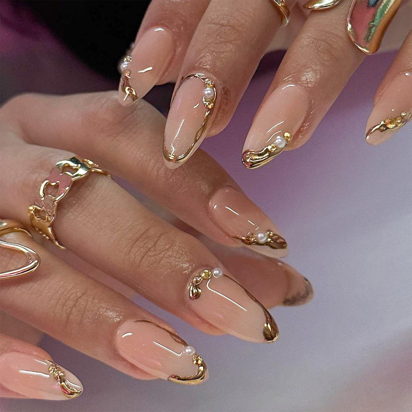 TELAIN 24 pcs. French lace press-on nails, Medium Almond, with pearls and rhinestones design, Golden French line, False nails