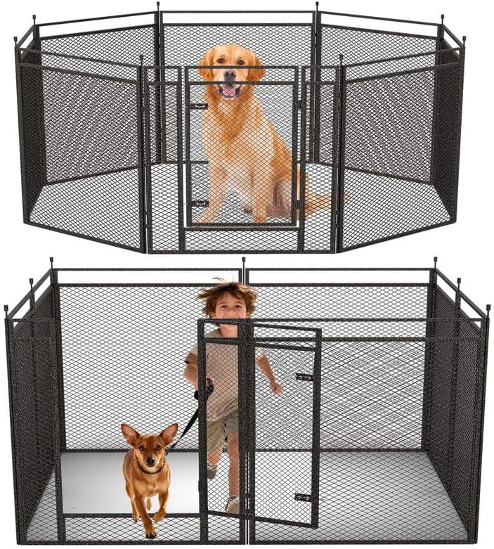 Dog Playpen with Safety Mesh, 32.11" Height 8 Panels Metal Dog Fence Indoor Outdoor, Portable Dog Kennel for Camping, Yard & RV | Black-Silver