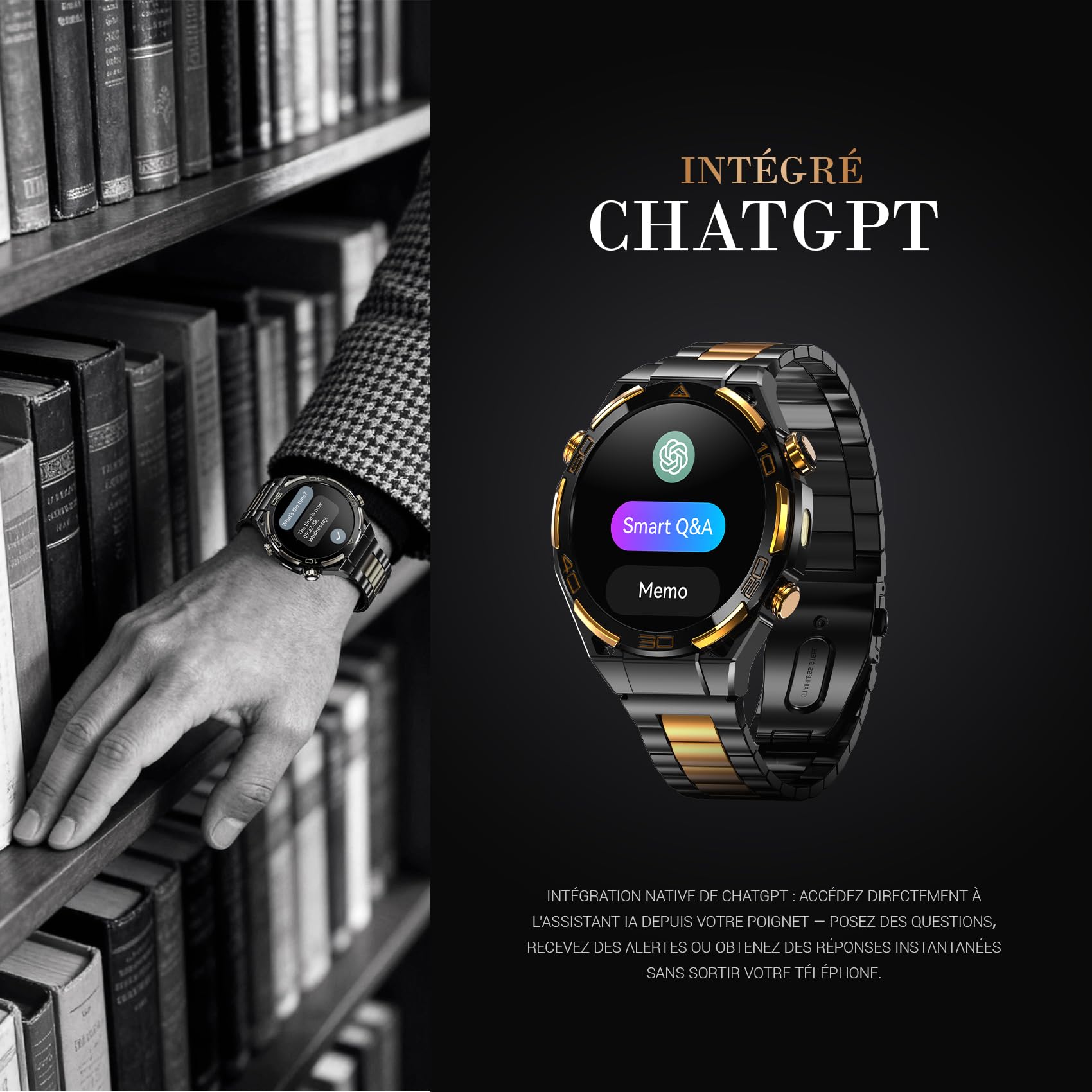 Blackview Montre Connectée Homme 14K Or Luxe avec IA ChatGPT, Écran AMOLED HD 1.43", GPS Intégré, Lampe de Poche, Boussole, Appels Bluetooth, Surveillance Santé, 100+ Modes Sport, pour Android et iOS