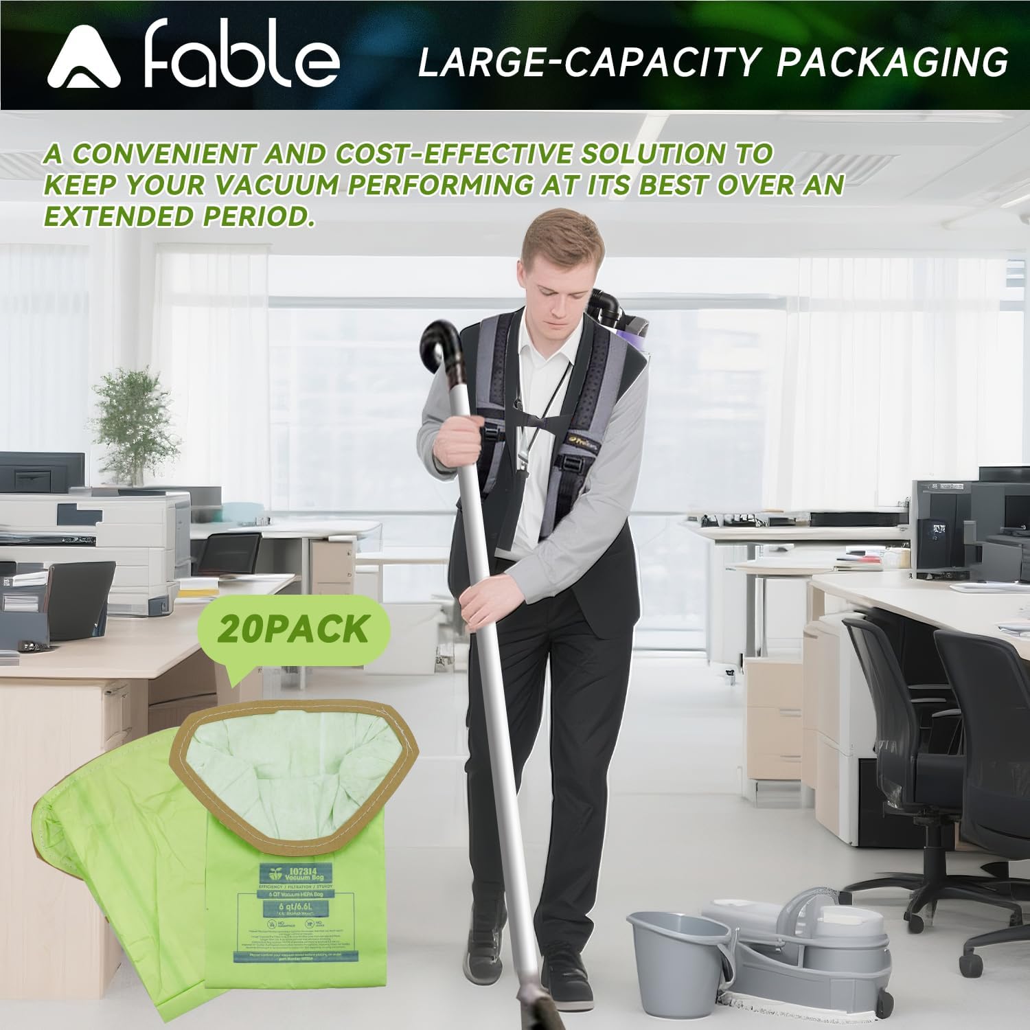 20 Pack 107314 Backpack Vacuum Bags Fit for ProTeam 6 QT Backpack Vacuum Cleaner，Replace #107314 Open Triangular Collar