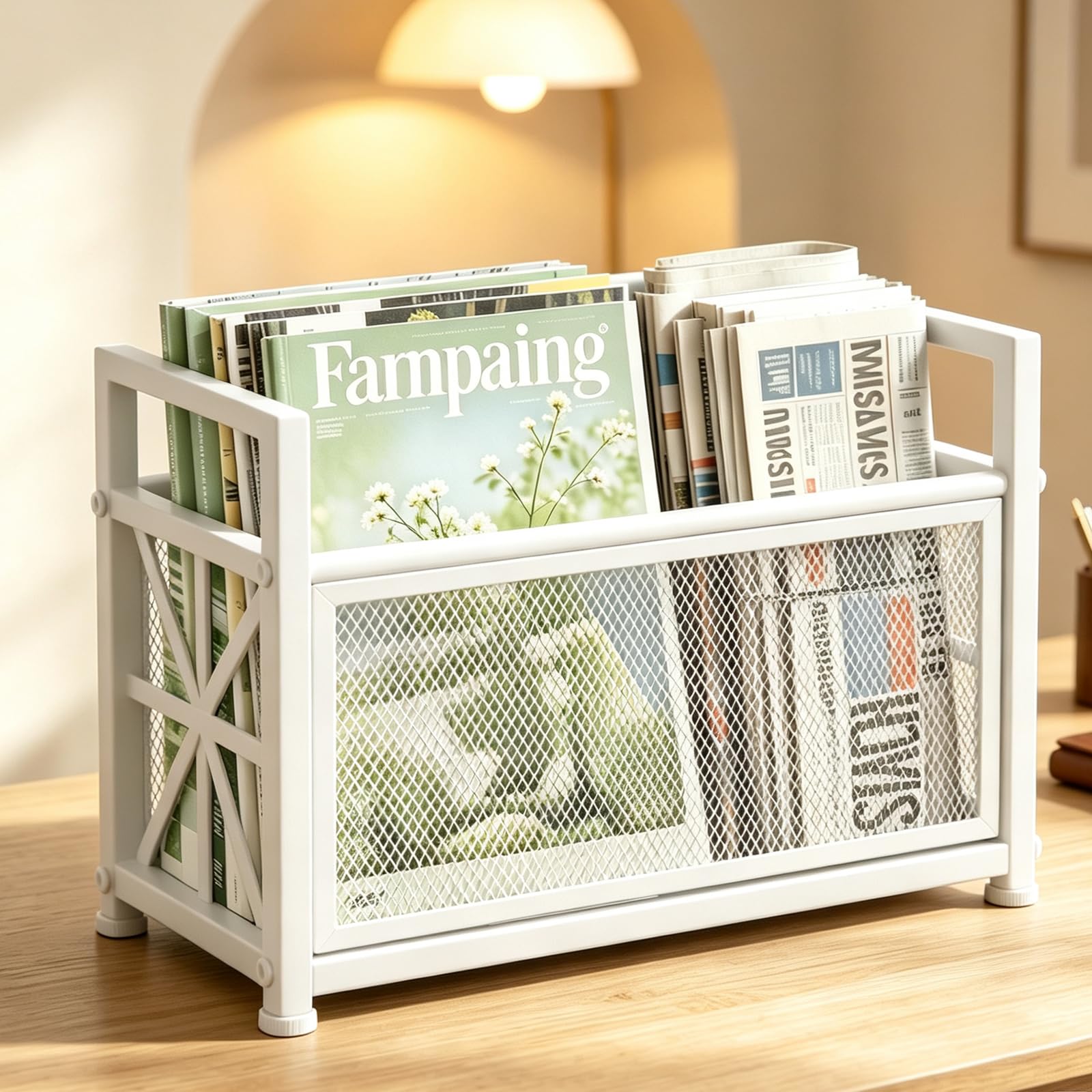 Grande portariviste da pavimento, in metallo, porta riviste da pavimento, in rete bianca, cestino portaoggetti per riviste, libri, giornali, tablet