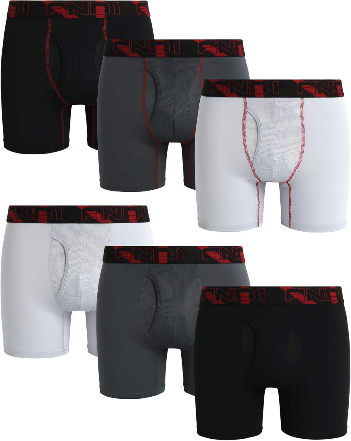 AND1 Mens Boxer Briefs - 6 Pack Platinum Performance Mens Boxers with Fly Pouch - Underwear Boxers for Men, 6" Inseam
