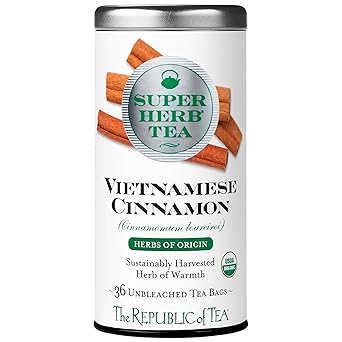 The Republic of Tea Organic Vietnamese Cinnamon SuperHerb Tea Tin, 36 Herbal Tea Bags, Naturally Caffeine-Free Herbs of Origin