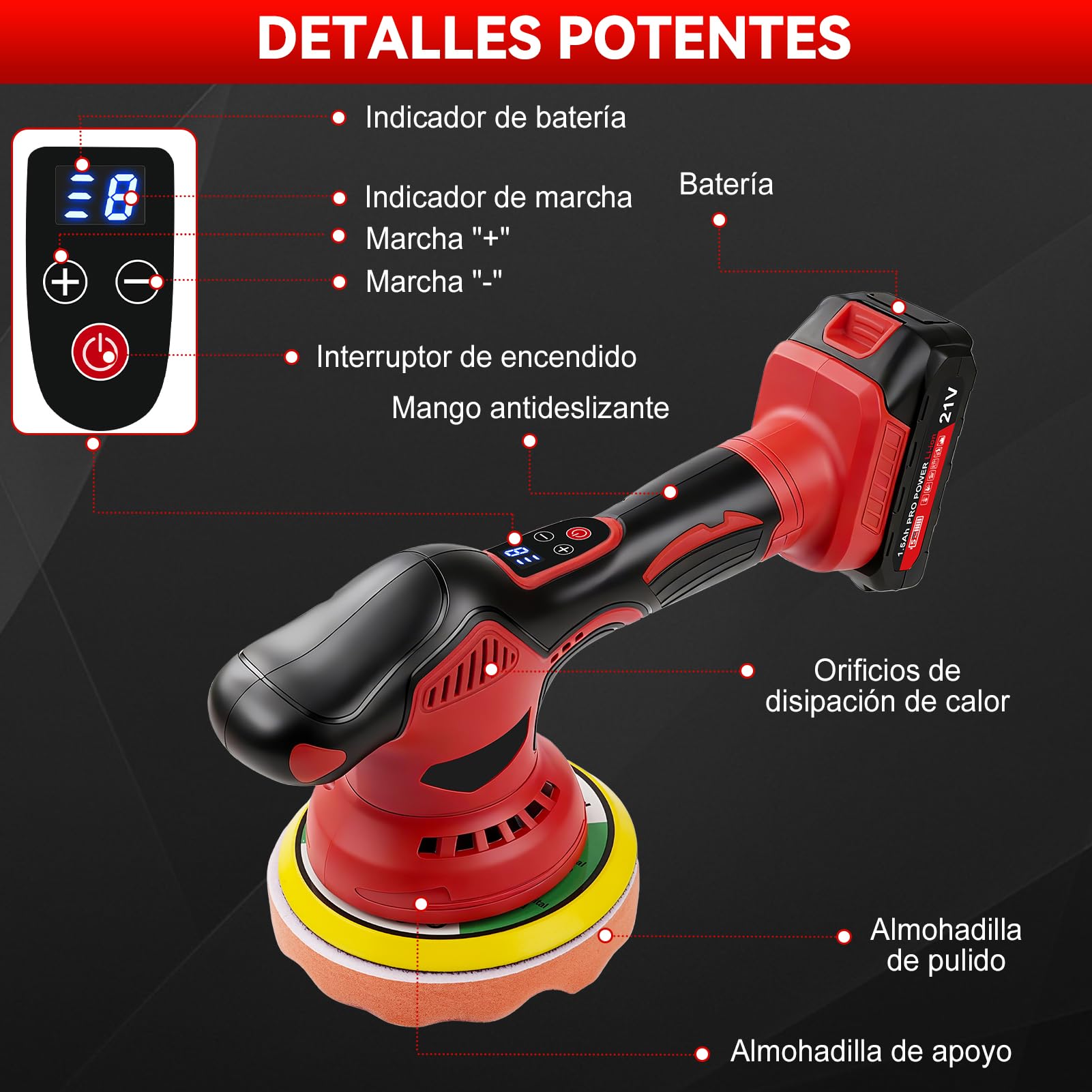 Pulidora de Autos Inalámbrica, 21V Pulidora de Coche con Batería Profesional de 6 Pulgadas 150 mm, Pulidora Orbital Excéntrica con 8 Velocidades 2600-5800 rpm, para Encerado, Mantenimiento, Pulido