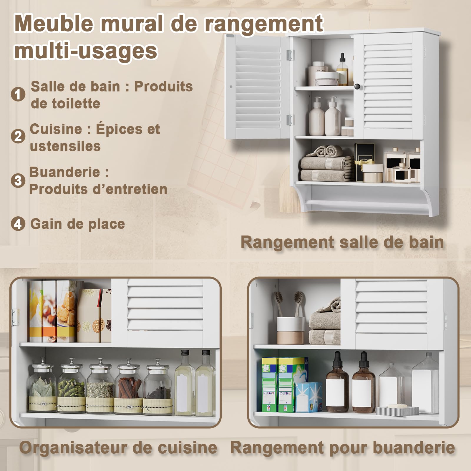 Meuble Salle de Bain Mural 2 Portes, Étagères Réglables avec Barre à Serviettes Blanc