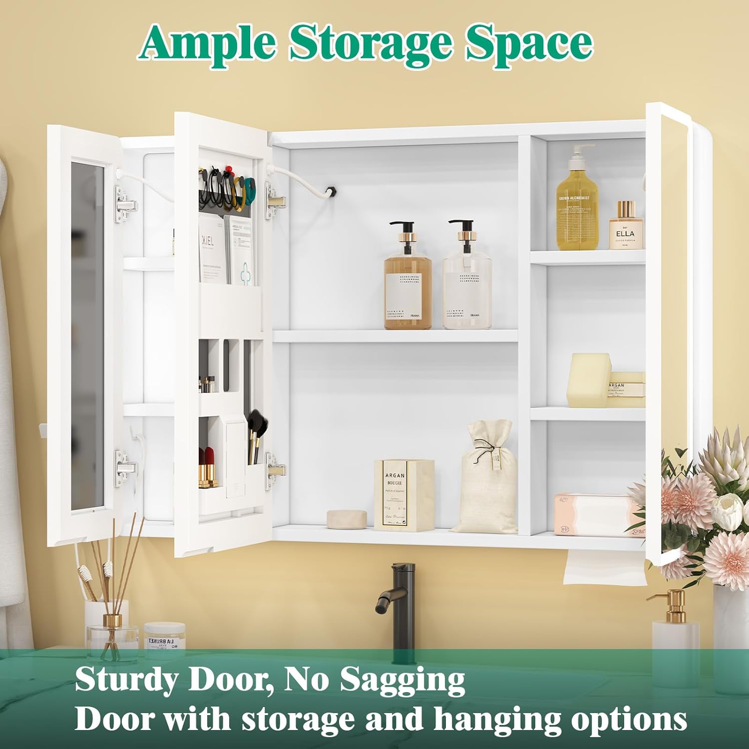 JBLCC Medicine Cabinet with Lights, 35.4''x27.56'' LED Lighted Bathroom Mirror with Storage, Smart Anti-Fog, 3-Door Aluminum Wall Mounted or Recessed Medicine Cabinet, White (Full Assembled)