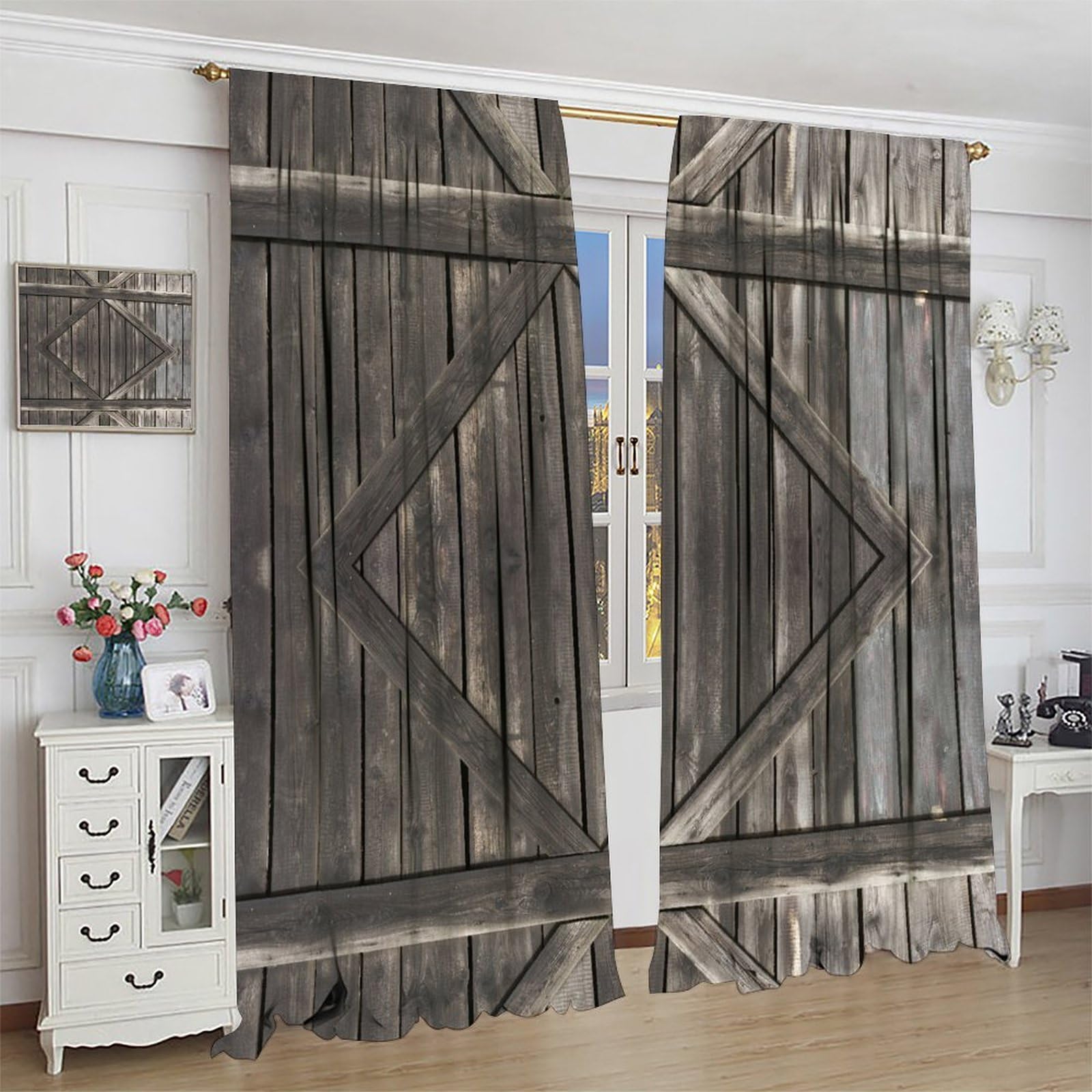 Amazon｜ICMOLYYENLO 素朴な納屋のドアカーテン 農家 木製 ガレージ
