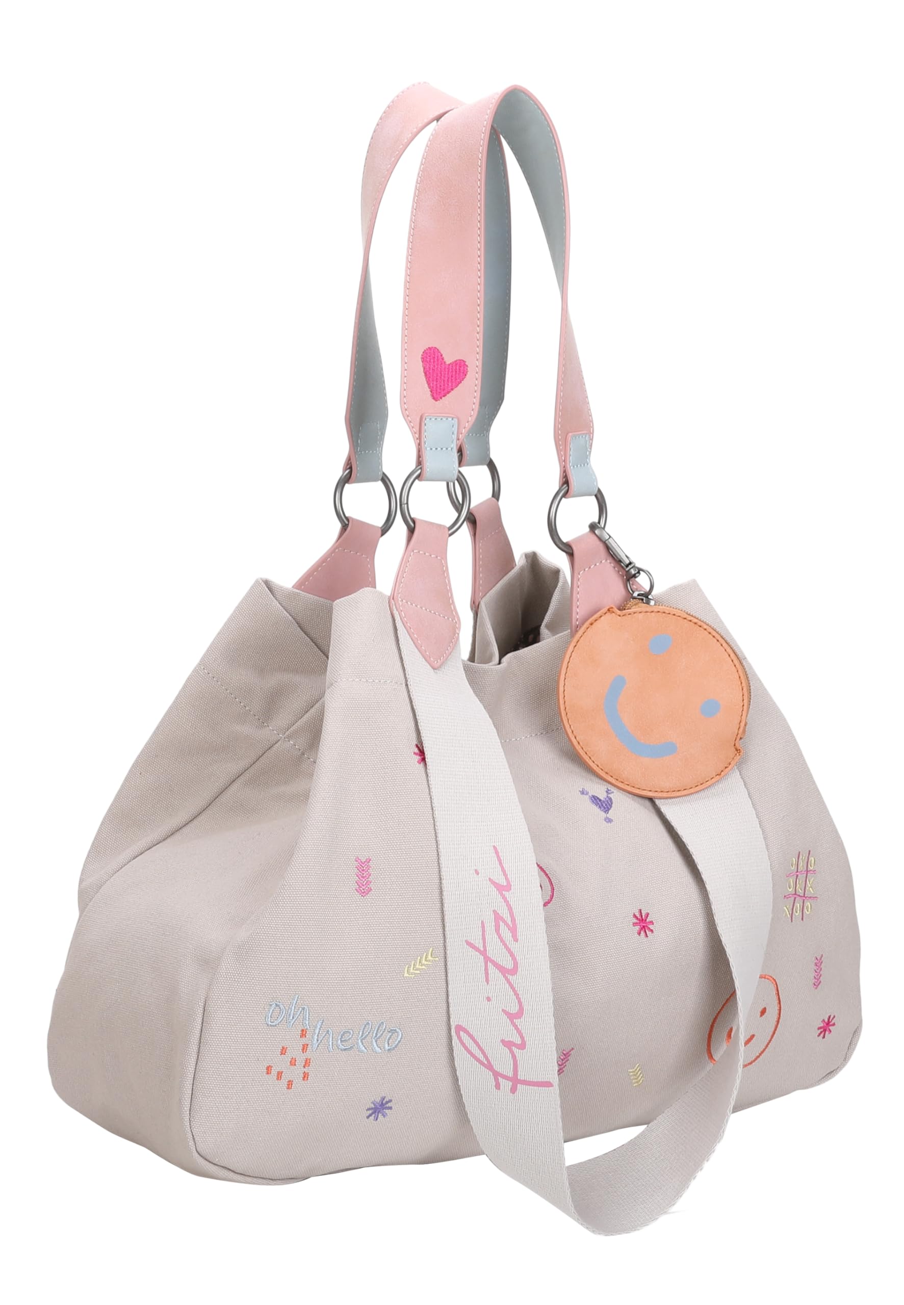 Fritzi Izzy Medium Limited Embro Fun Shopper Canvas Damen Handtasche Stickerei Festival City abnehmbares Pocket 29 x 42 x 15 cm - Anthrazit, Sand