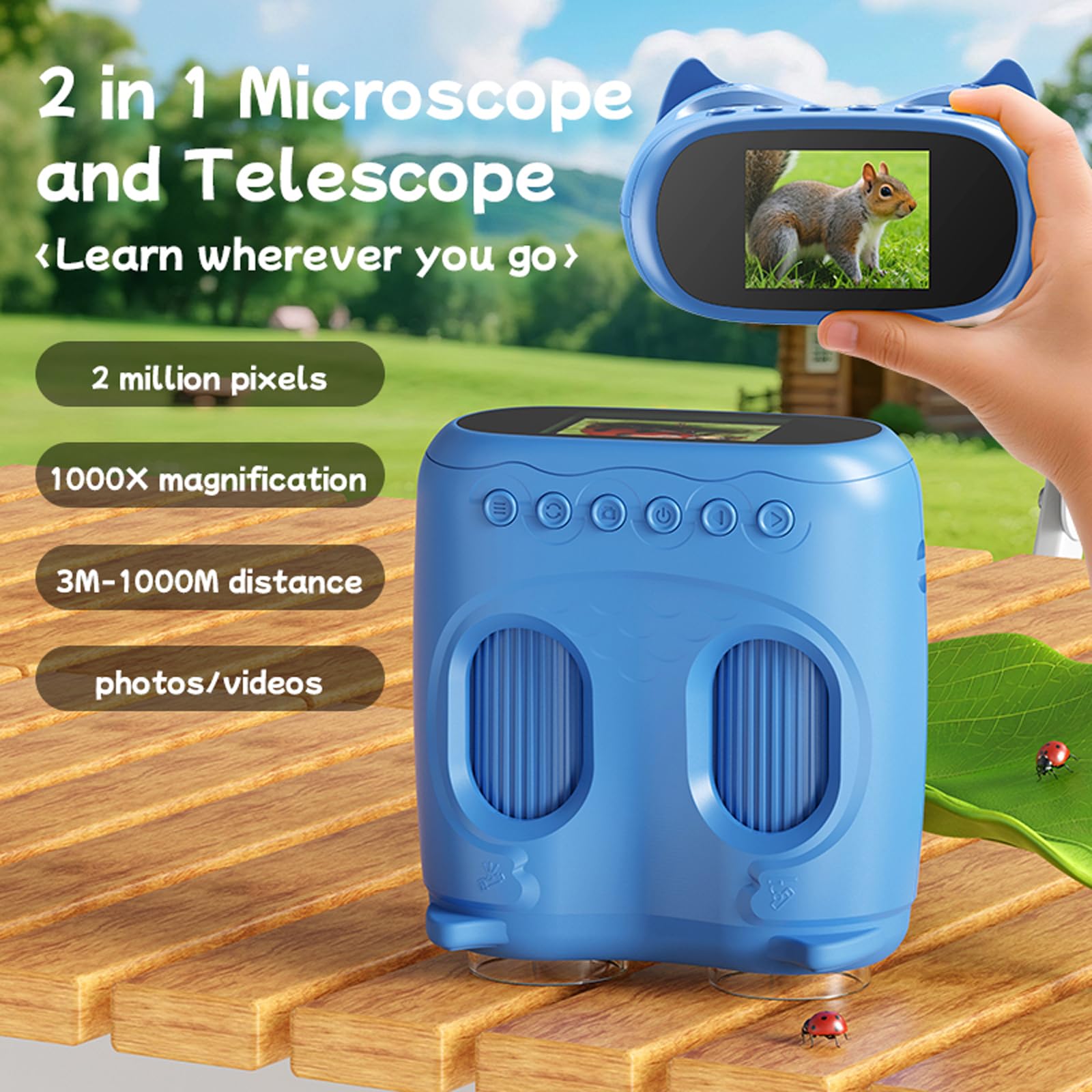 Microscopio 2 en 1 para niños, prismáticos 1000X 1080P, cámara de mano, miniscopio con pantalla de 2 pulgadas, lupa portátil de mano, regalos educativos de ciencia para niños y niñas de 3 a 12 años