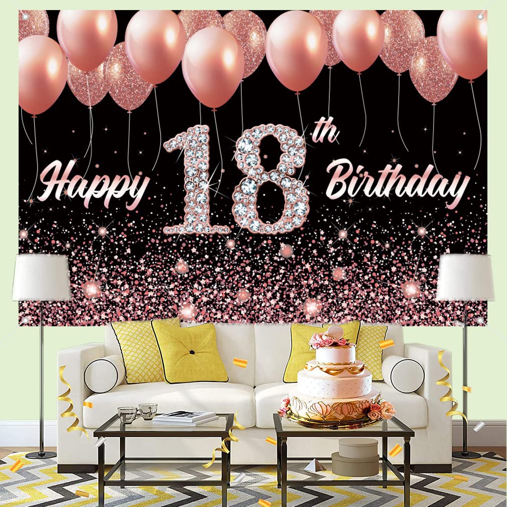 Happy 18th Birthday Porch Banner - Rose Gold Fabric Yard Sign For Women's Milestone Party Decor