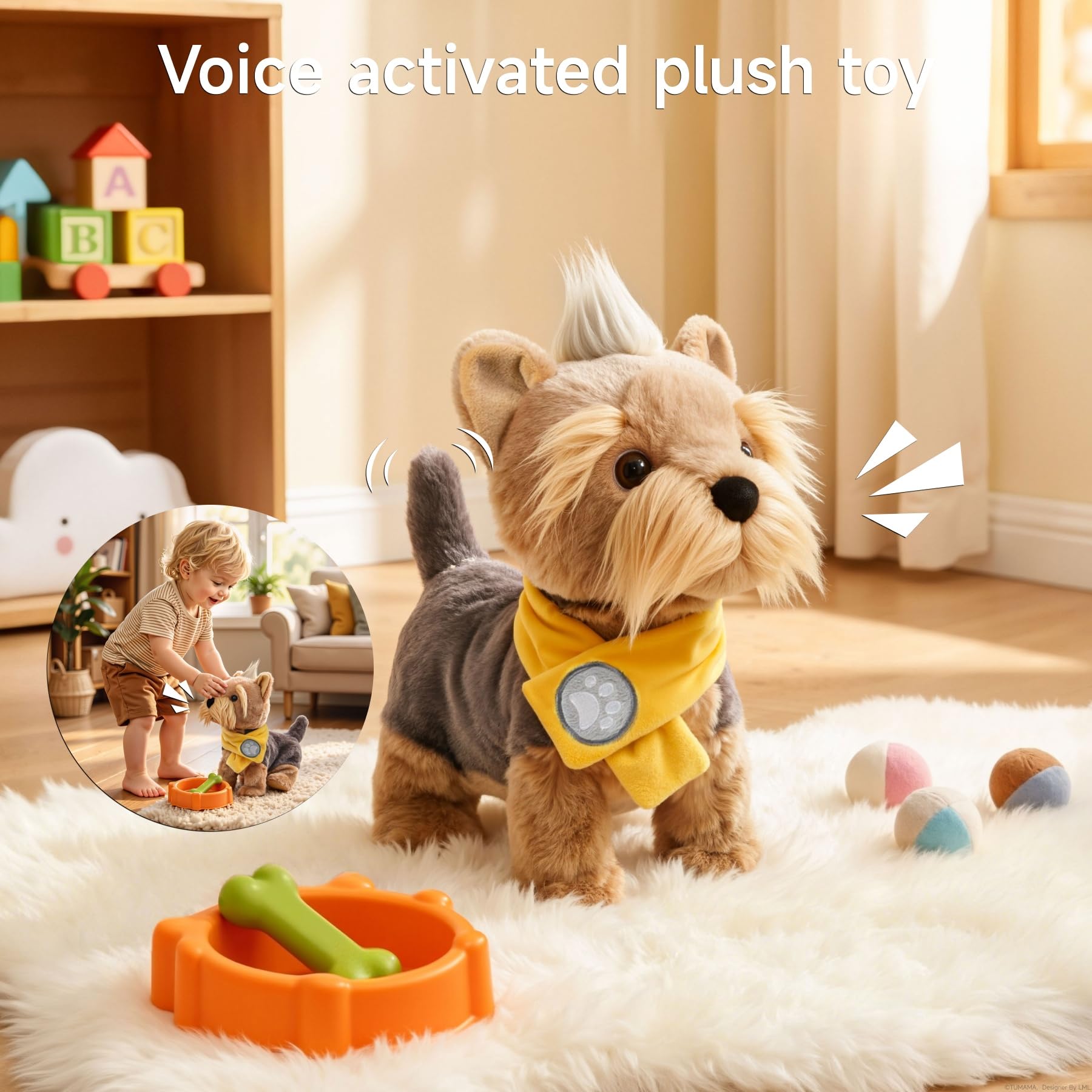 TUMAMA KIDS Perrito de Peluche Que Camina, Perro Interactivo | Juguete electrónico que canta, ladra y mueve la cola; peluche con control por voz – Juguete para niños y niñas