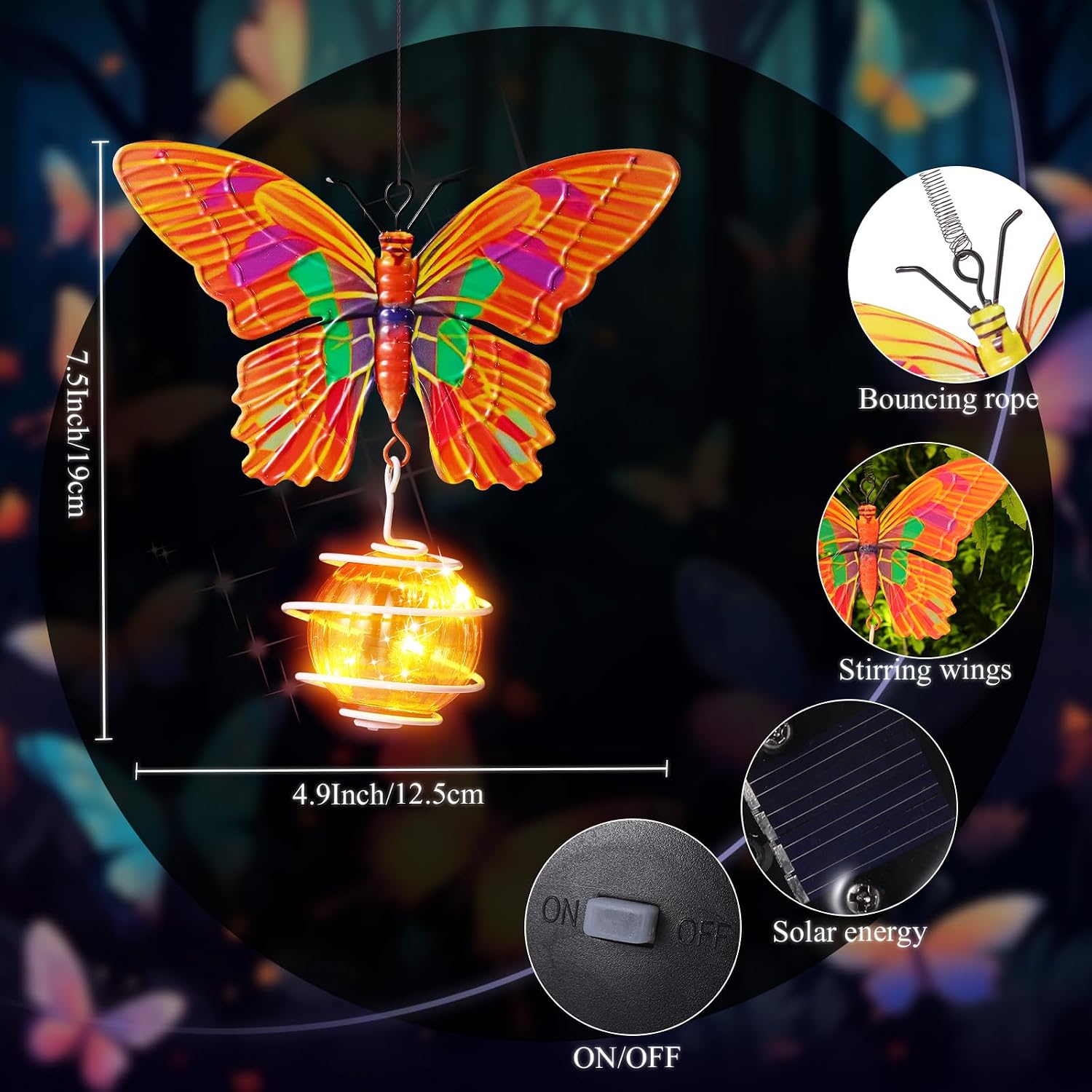 Baquler 2 Pcs Solar Butterfly Garden Hanging Decoration, Butterfly Fairy Lights Outdoor Waterproof Metal Lantern for Patio Yard Lawn Balcony Ornament Birthday Women Gifts (Blue,Orange)