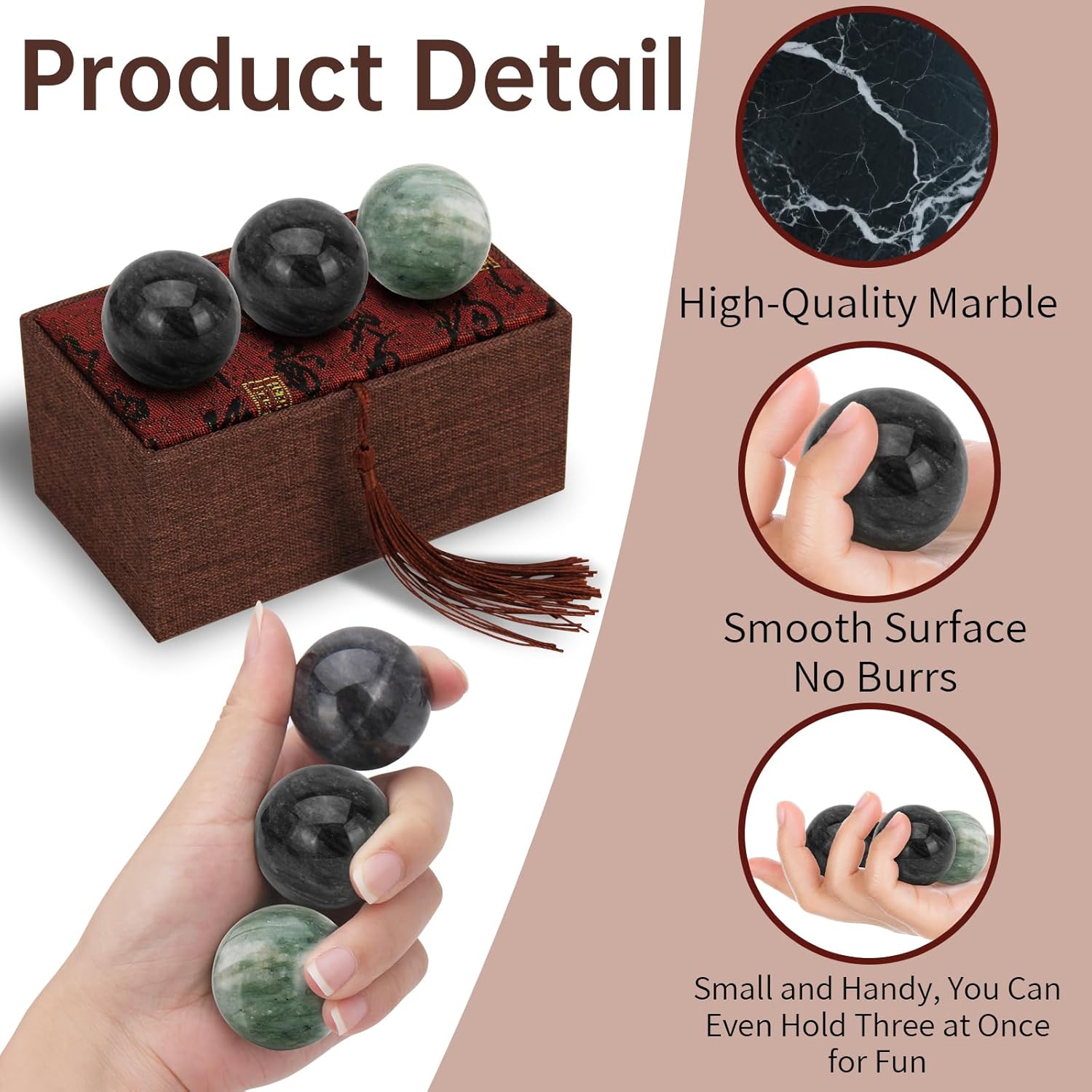 Set of 3 Baoding Balls for Women,1.38Inch Chinese Stress Health Exercise Balls for Hand Therapy with Box(2 Black&1 Green) - Image 3