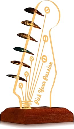 Light Up Guitar Pick Holder, Electric Guitar Headstock Shaped Acrylic & Wooden USB Powered Display Case - Guitar Accessories Gift for Players/Men (Picks Storage Organizer)