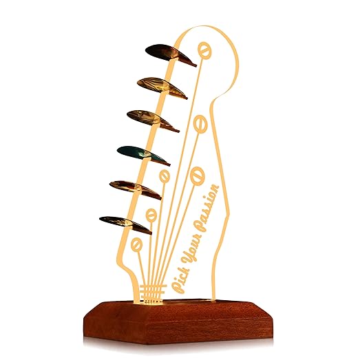 Light Up Guitar Pick Holder, Electric Guitar Headstock Shaped Acrylic & Wooden USB Powered Display Case - Guitar Accessories Gift for Players/Men (Picks Storage Organizer)