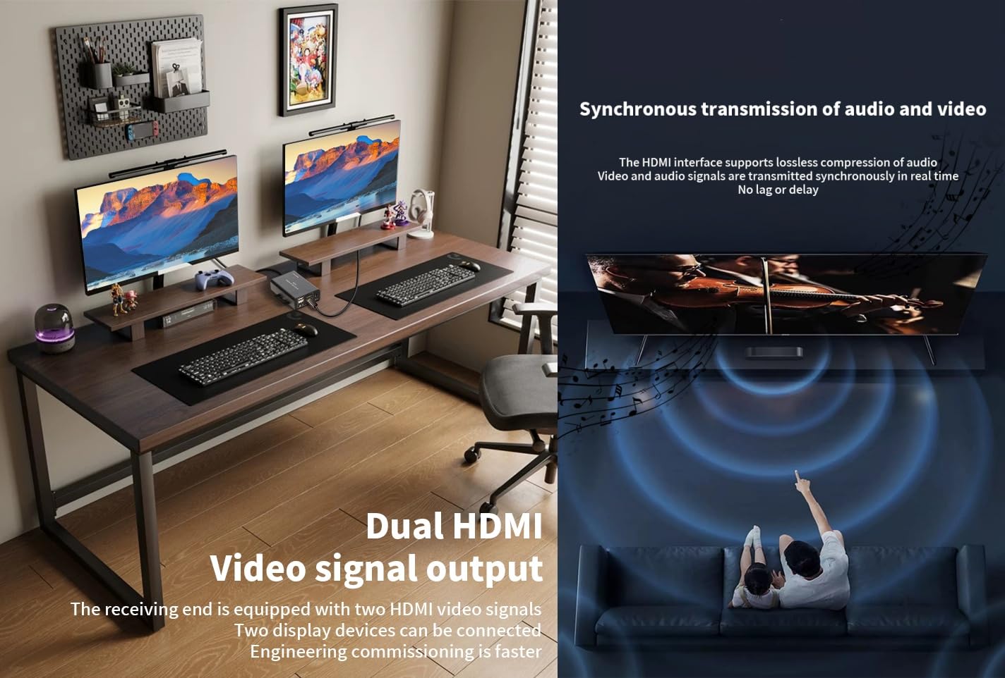 Extendeur KVM HDMI 60M sur Cat5e Cat6 4K30Hz HDMI USB KVM 60m avec fonction de sortie double boucle et extension clavier/souris USB