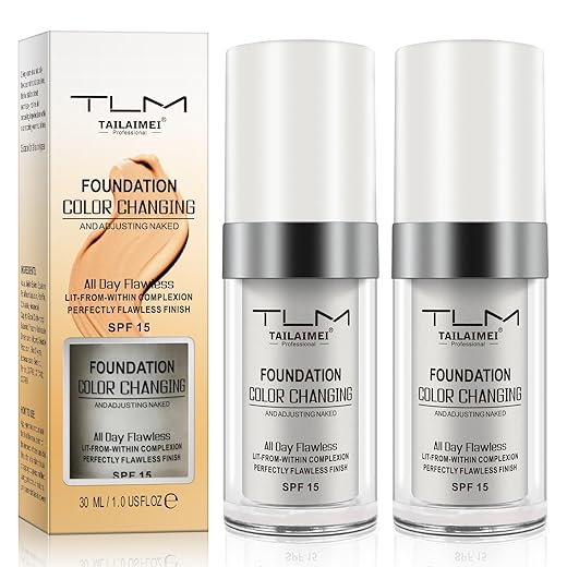2PCS TLM Flawless Colour Changing Warm Skin Tone Foundation,Naturally Blends Moisturizing foundation makeup,Long Lasting Waterproof Lightweight Liquid Foundation SPF 15 for Face Makeup