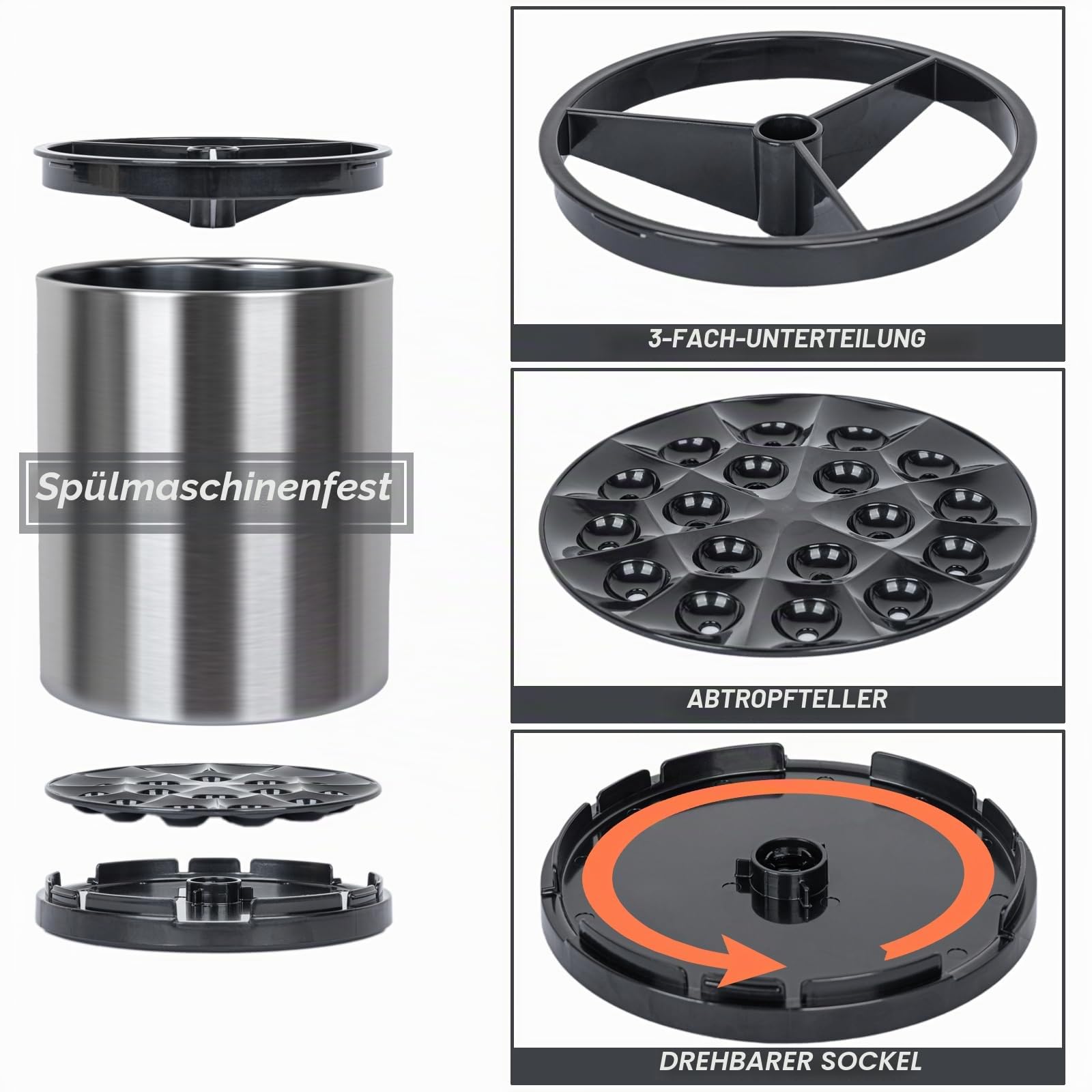 360° drehbar Küchenutensilienhalter für Arbeitsplatte groß Utensilienhalter Küche für Küchentheke Edelstahl Utensil Organizer für die Arbeitsfläche Utensilientöpfe 3 Fächer