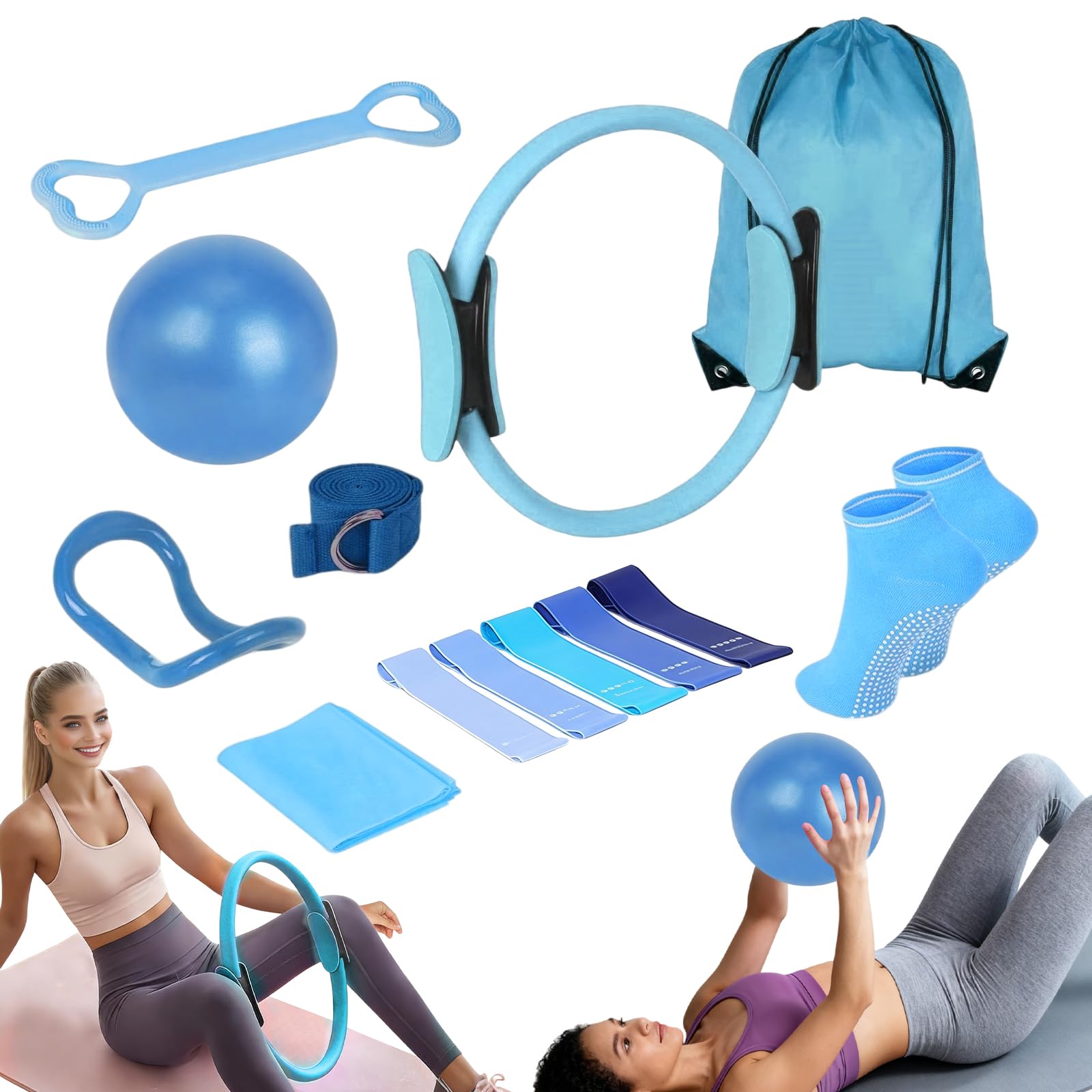 Pilates Set 13 Teiliges,Pilates Ring Set,Pilates Essential Kit mit Yoga Ball,Pilatesring,Resistance Band,Yogagurt,Pilates-Griffsocken, Pilates Set für Zuhause,Pilates Ring Kreis Set für Fitness Home
