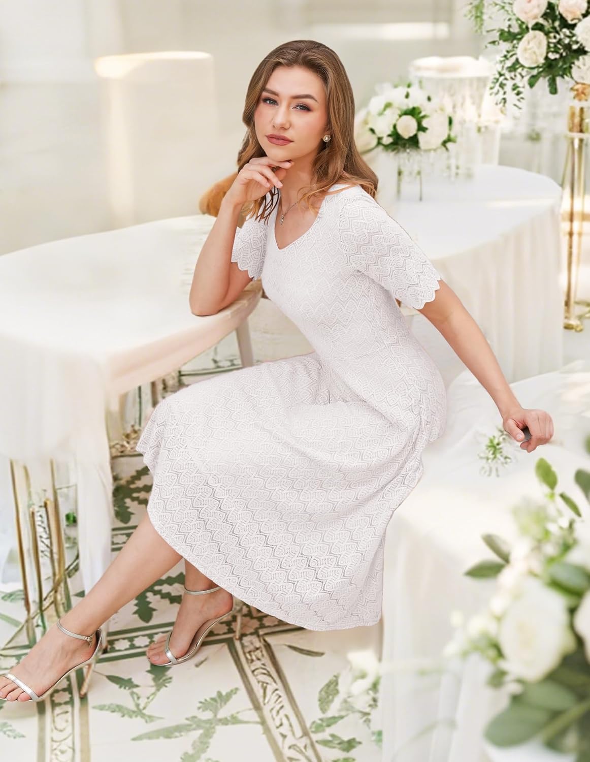 Dressystar Women's Short Sleeve Lace Wedding Guest Dress V Neck A Line Formal Cocktail Evening Party Dresses 2025