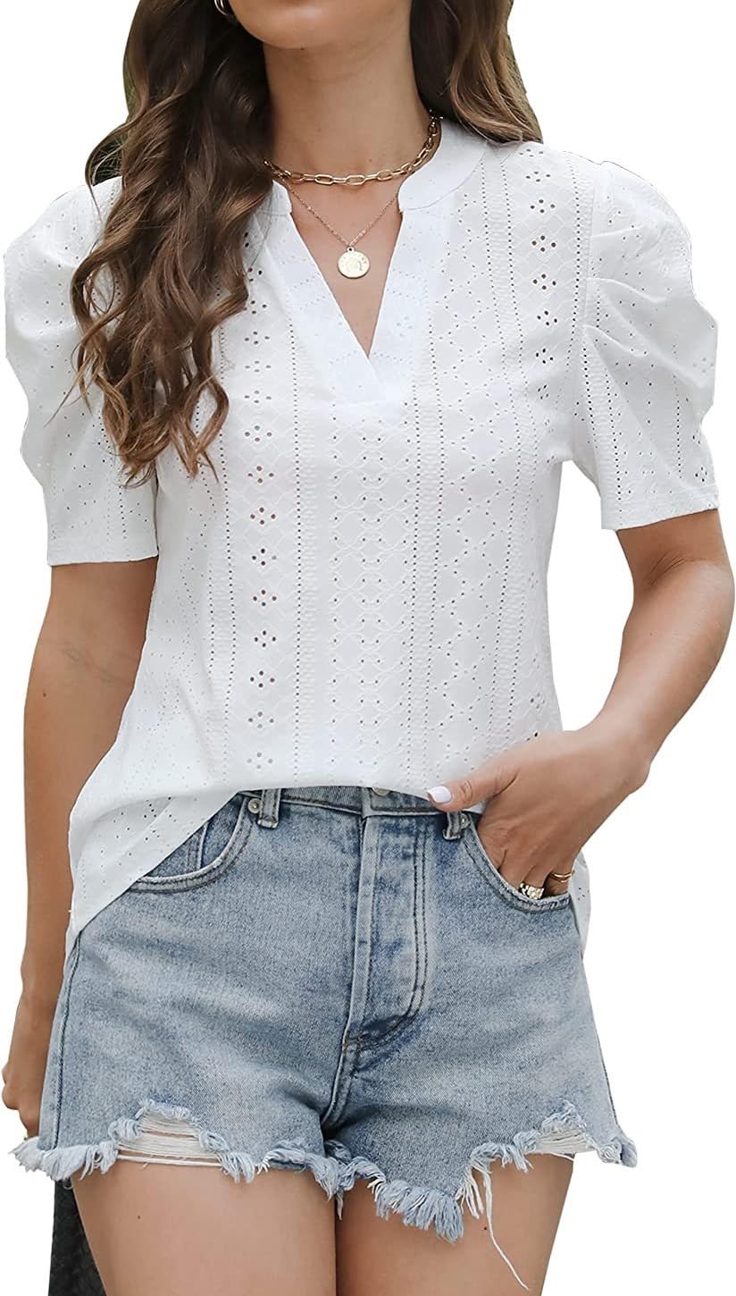 GenericWomen's Work Shirts Summer Ruffle Short Sleeve Eyelet Blouses V Neck Dressy Casual Tops