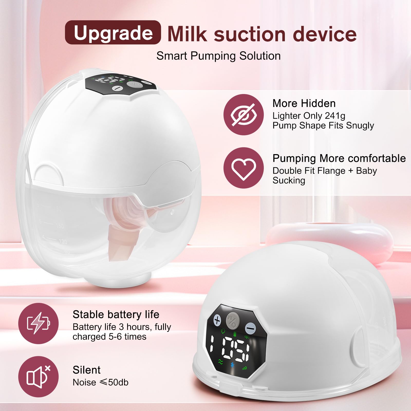 Leche eléctrico de mano libre de 5 modos, 15 niveles, extractor de leche recargable con pantalla LED, portátil, fuerte succión, peso ligero, 24 mm