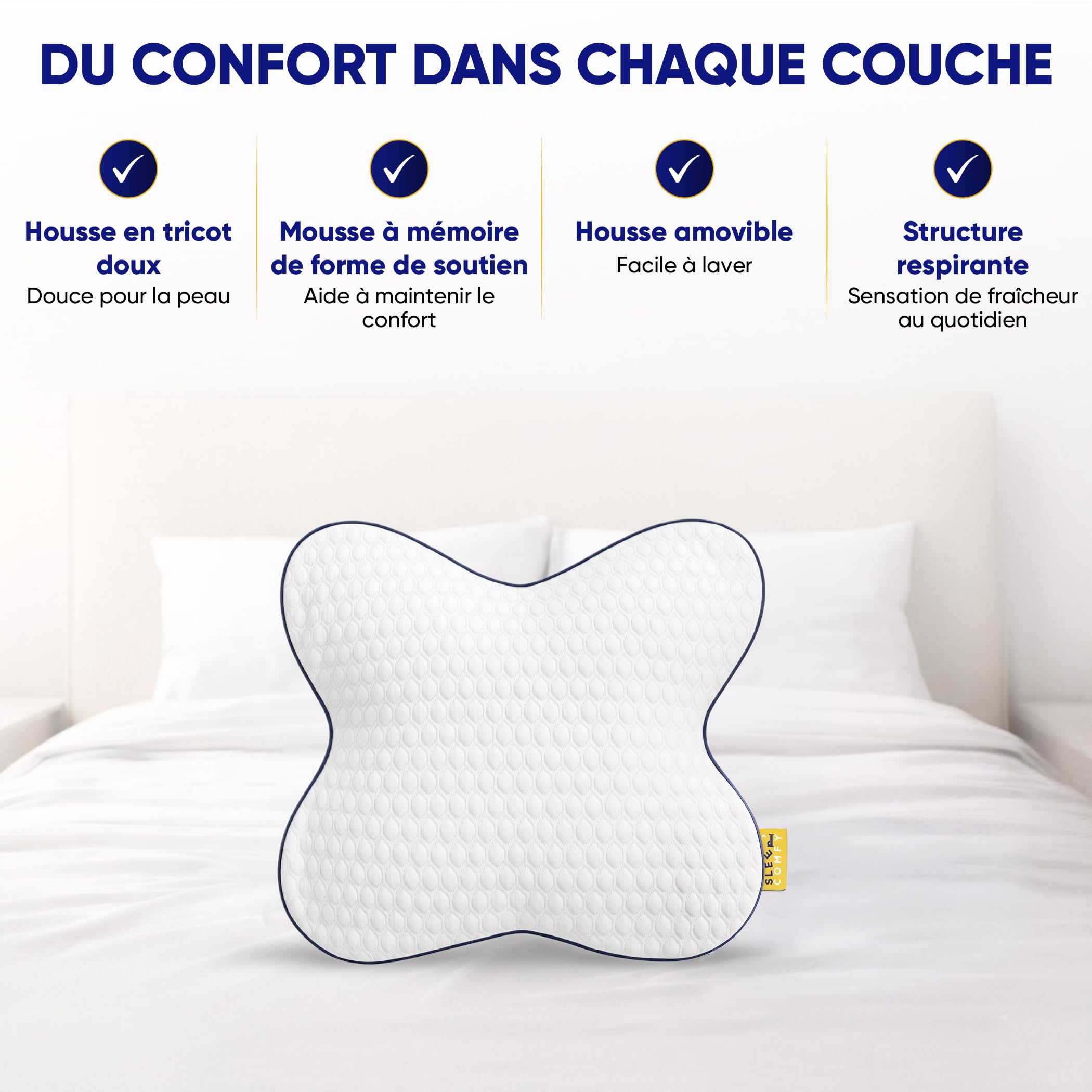 SLEEP COMFY Premium Oreiller Memory Foam, Cervical Mousse à Mémoire de Forme pour Le Soulagement des Douleurs OEKO-TEX Oreiller Orthopédique Ergonomique pour Les Dormeurs sur Le Côté Le Dos, Le Ventre