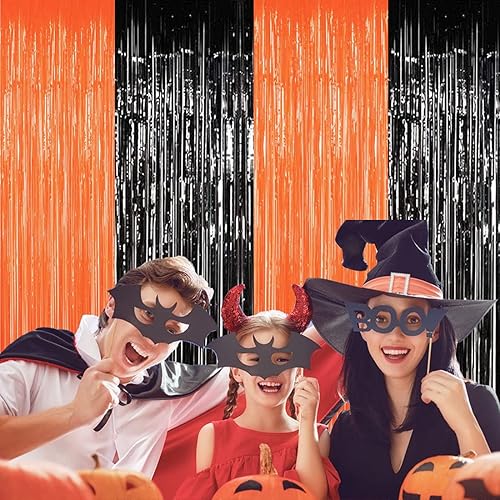 Miniatura 7 de Cortina de flecos de aluminio negro y naranja, 4 cortinas de oropel de 3.28 pies x 8.2 pies, telón de fondo para cabina de fotos, telón de fondo