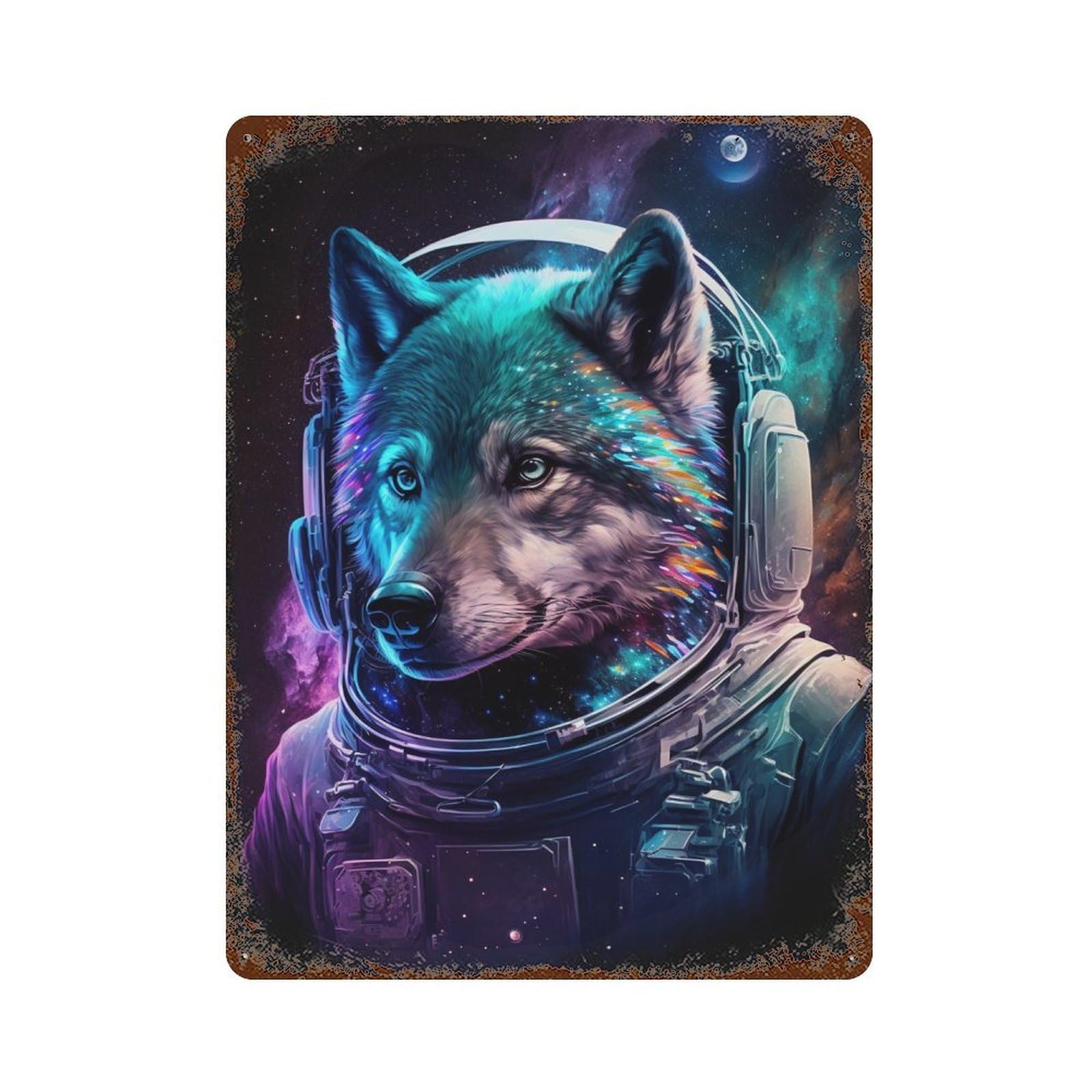 Rusty Metal Tin Sign with Cosmic Wolf Astronaut Art Print-6 Design 15.7"x11.8", for Shed, Workshop And Garage Wall Decor, Classic Wall Plaque