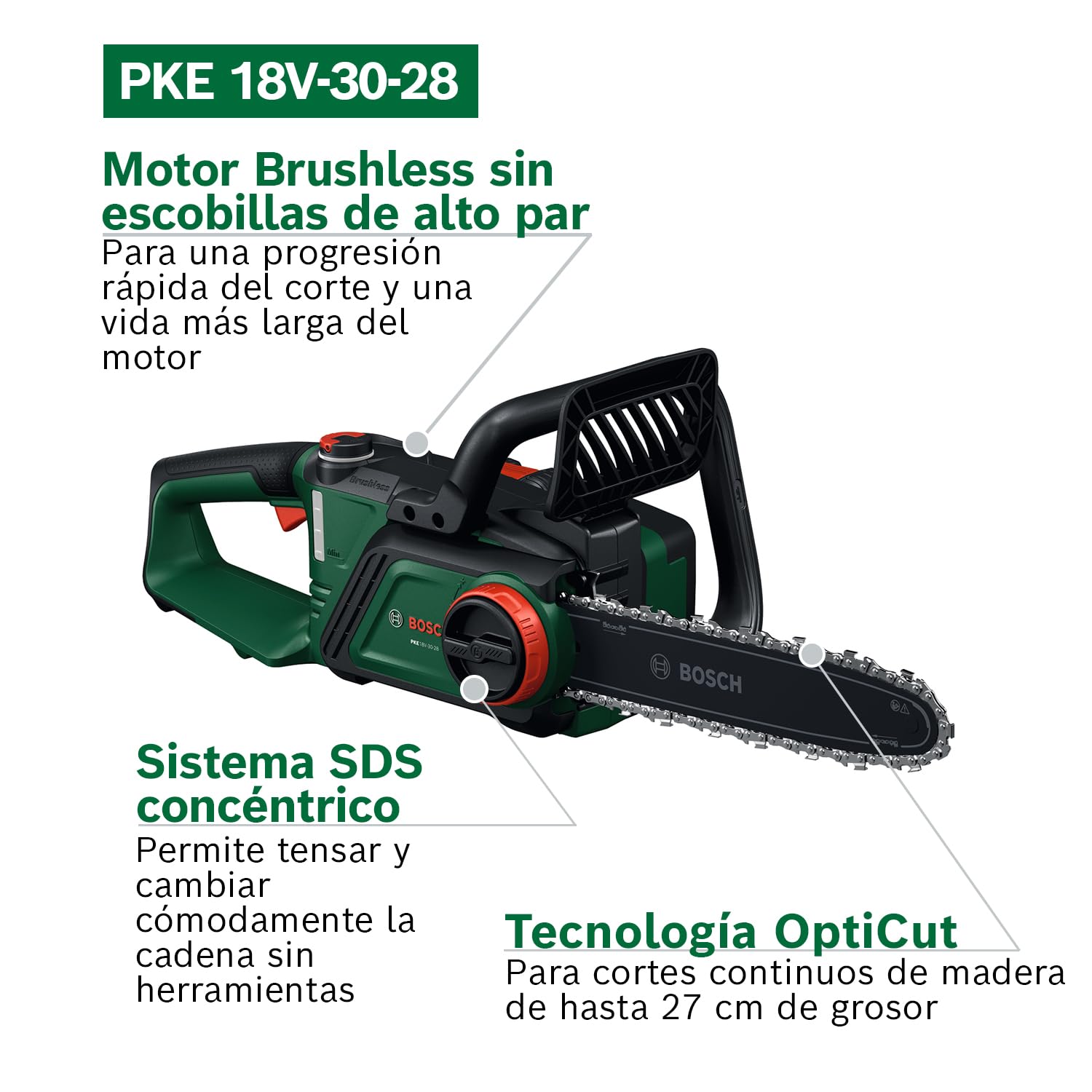 Bosch motosierra a batería PKE18V-30-28 (tecnología OptiCut, Peso: 3,9 kg, Velocidad de la cadena: 9 m/s, sin batería)