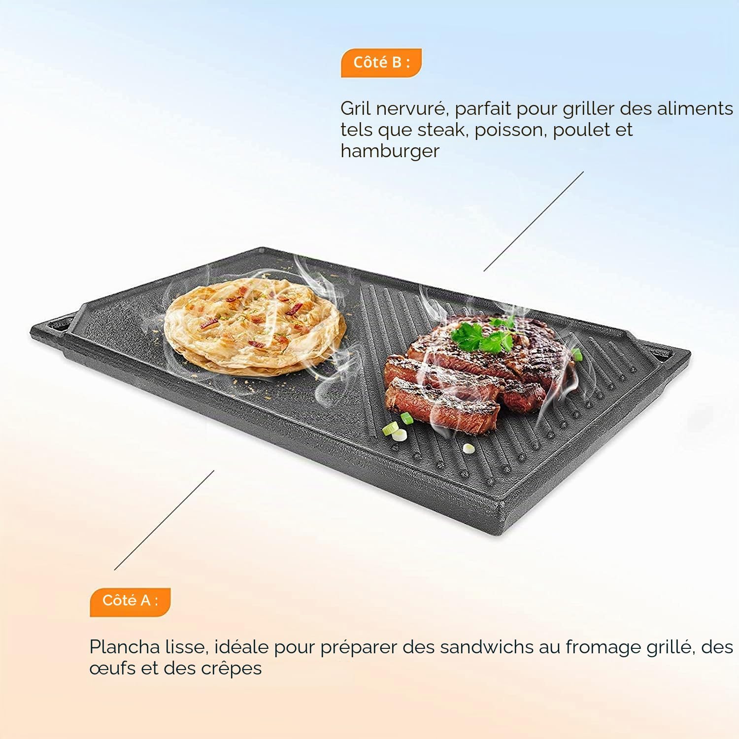GFTIME Plaques de cuisson en fonte - 41,8 x 24 cm - Pour four, cuisinière et barbecue, barbecue à charbon de bois - Plaque de cuisson réversible 2 en 1-1 paquet