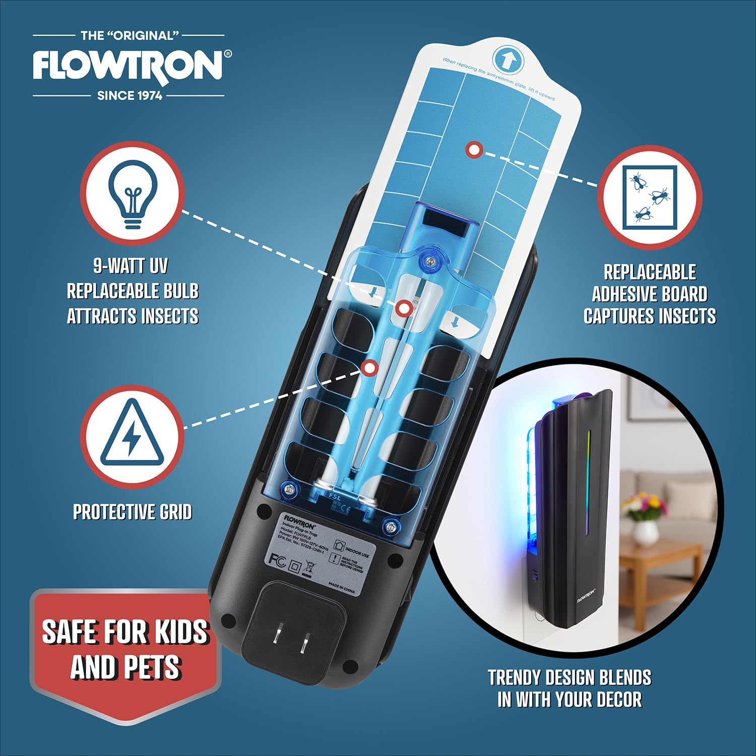 Flowtron Fliegenfalle für den Innenbereich, 9W UV-Licht Elektrische Insektenfalle mit Klebebrett - Stille Mücke, Mücken & Fruchtfliegenfänger, 375 m² Abdeckung (Schwarz)