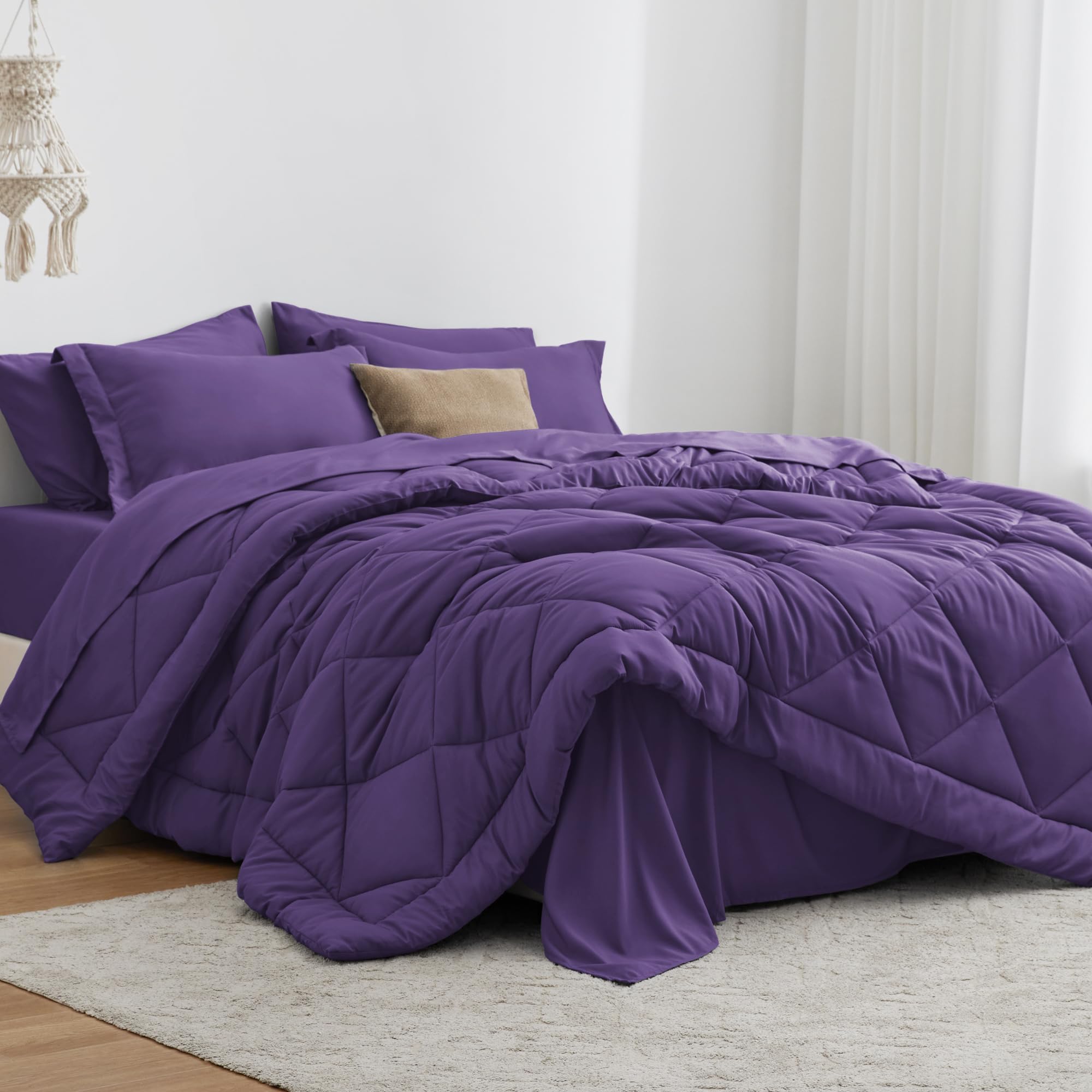 Love's cabin Full Comforter Set Purple, 7 Pieces Full Bed in a Bag, All Season Bedding Sets with 1 Comforter, 1 Flat Sheet, 1 Fitted Sheet, 2 Pillowcase and 2 Pillow Sham | Soft, Breathable, Lightweight, Comfortable