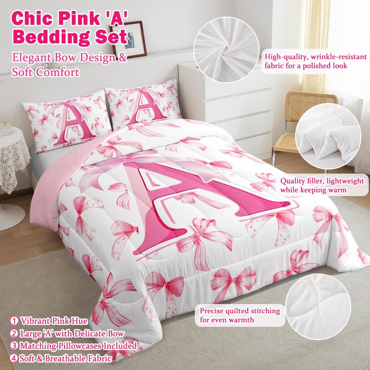 jejeloiu Kids Girls Cute Pink Bow Comforter Set Twin Size Monogrammed Bedding Set Ultra Soft Personalized Initial A Duvet Quilt Coquette Bow Knot Quilt Set Room Decor Modern Fashion Comforter
