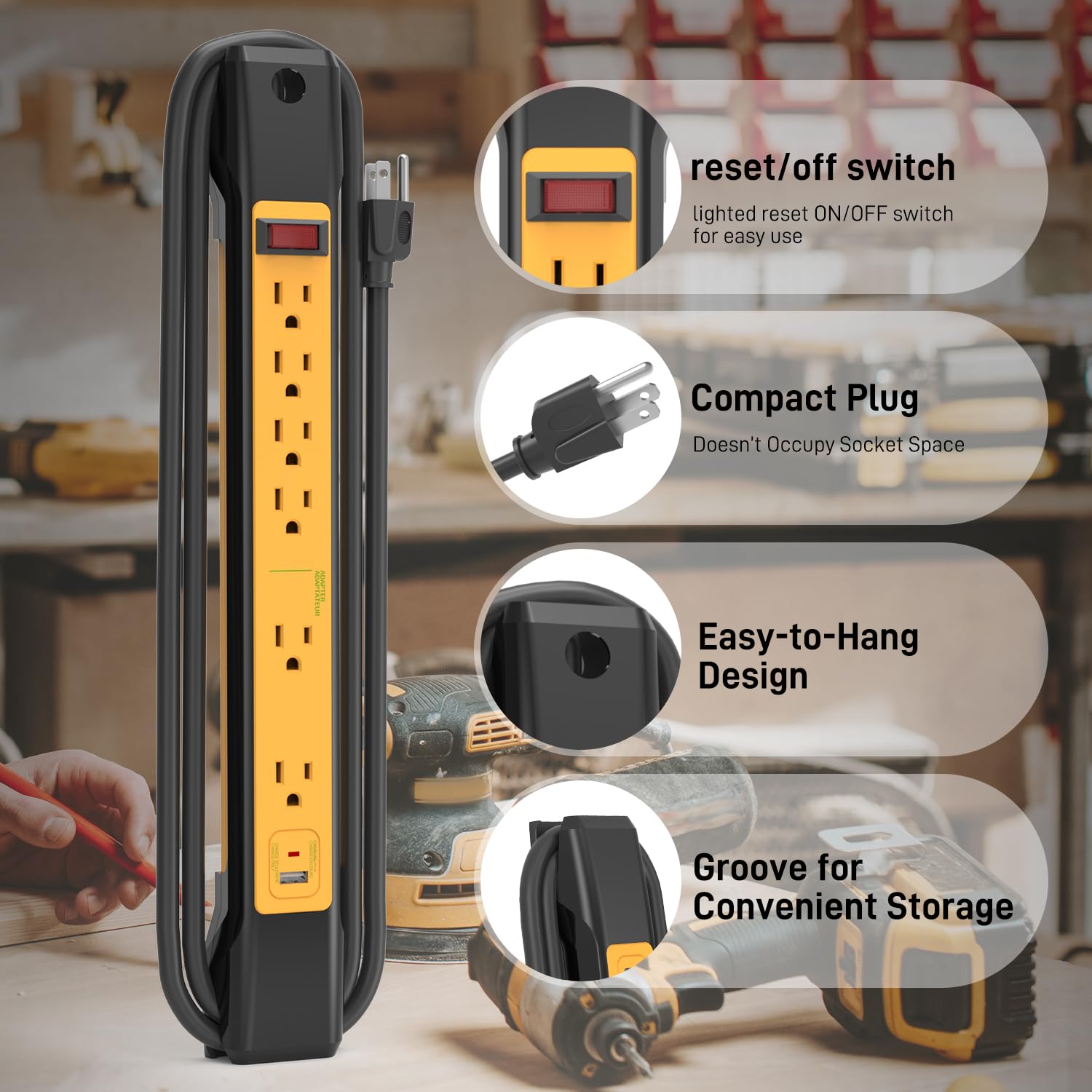 Multipresa industriale con 4 uscite + 2 uscite + 1 USB, cavo da 1,8 m, protezione da sovraccarico, design montabile per ufficio/officina, 14AWG
