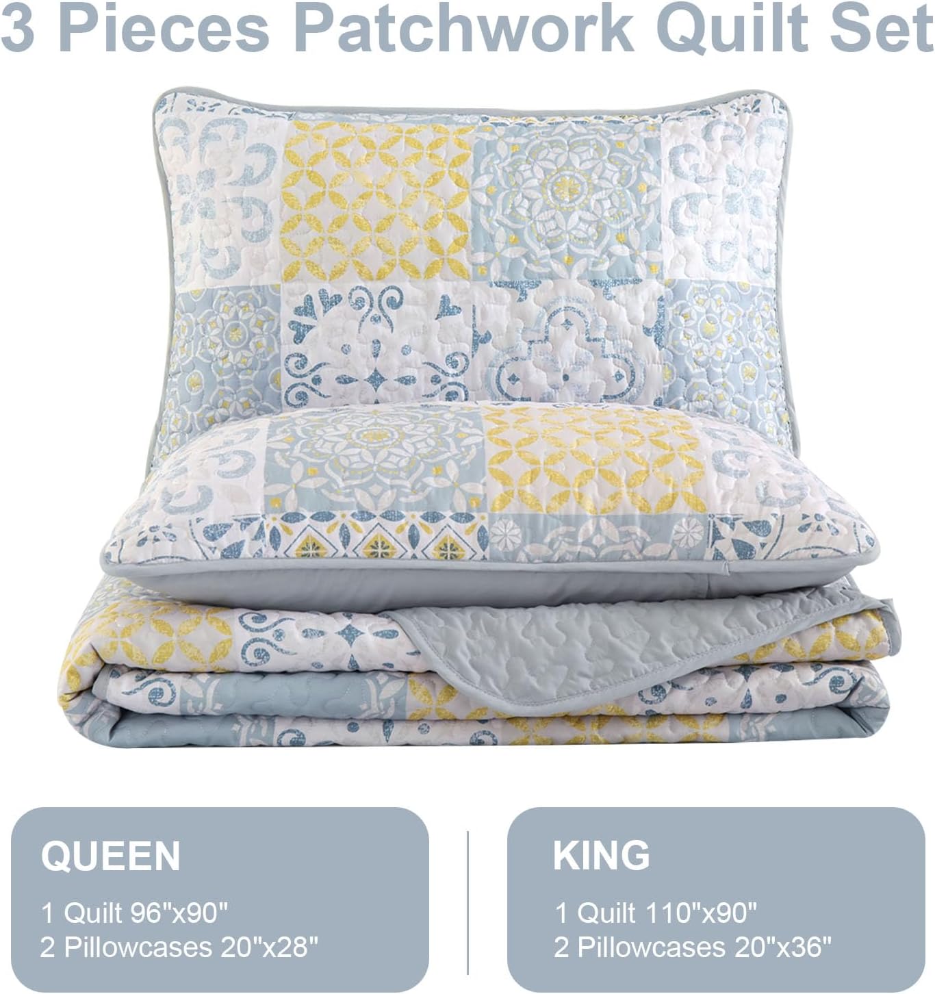 Dobuyly Queen Quilt Set 3 Pieces, Blue/Yellow/Grey Patchwork Bedspreads, Boho Summer Coverlet Set, Soft Lightweight Microfiber Bedding Set for All Seasons 96"x90" - Image 7