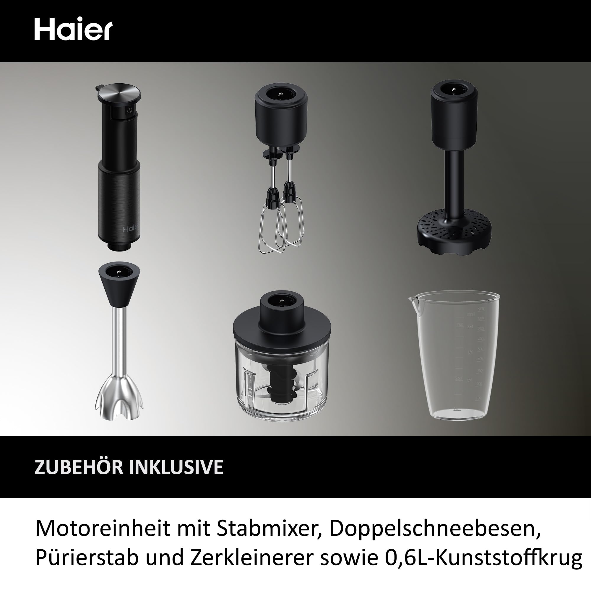 Haier Stabmixer 4-in-1 mit Messbecher, Quirl, Stampfer, Zerkleinerer I 1000W Pürierstab aus Edelstahl mit variabler Geschwindigkeit & 3 Klingen I abnehmbarer Fuß I Pulsfunktion [Serie 5 - HHB5B5]