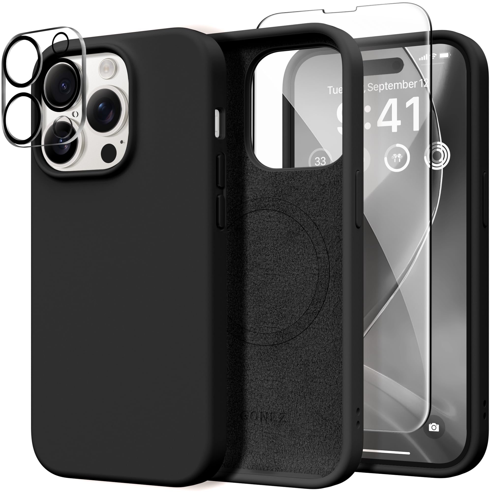 GONEZ for iPhone 14 Pro Case, Compatible with Magsafe, with Screen Protector + Camera Lens Protector, Soft Anti-Scratch Microfiber Lining, Shockproof Liquid Silicone Phone Cover, Black