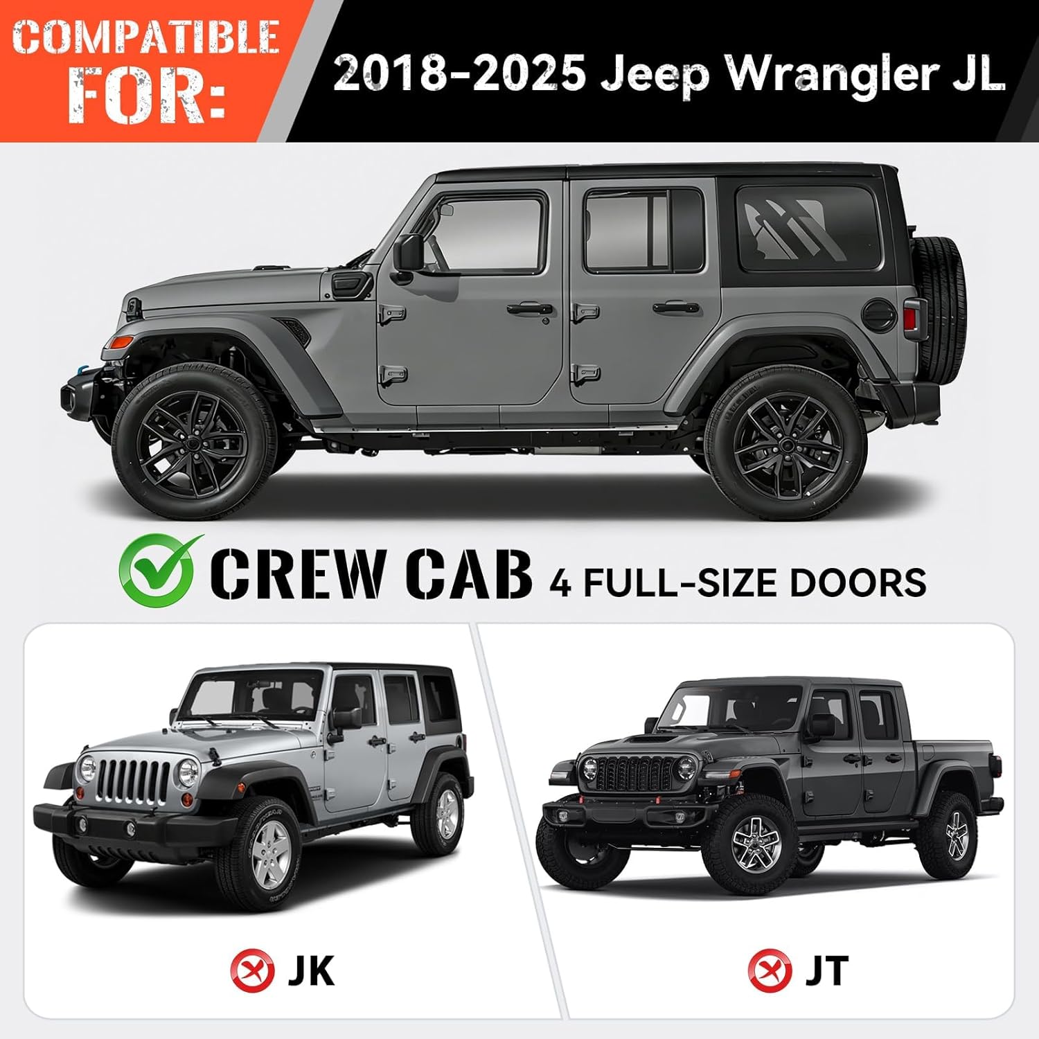 Running Boards Compatible with 2018-2026 Wrangler JL Unlimited JLU 4 Doors, Two Stairs Design Side Steps Heavy-Duty Steel Nerf Bars Bolt-on Step Plates Rock Sliders Rail