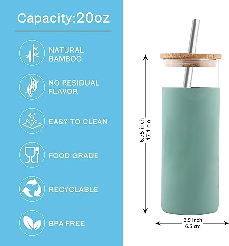 Miniatura 4 de ANSAP - Vaso de vidrio de 20 onzas, botella de vidrio, funda protectora de silicona, popote de acero inoxidable, 2 tapas de bambú, 100% vidrio de