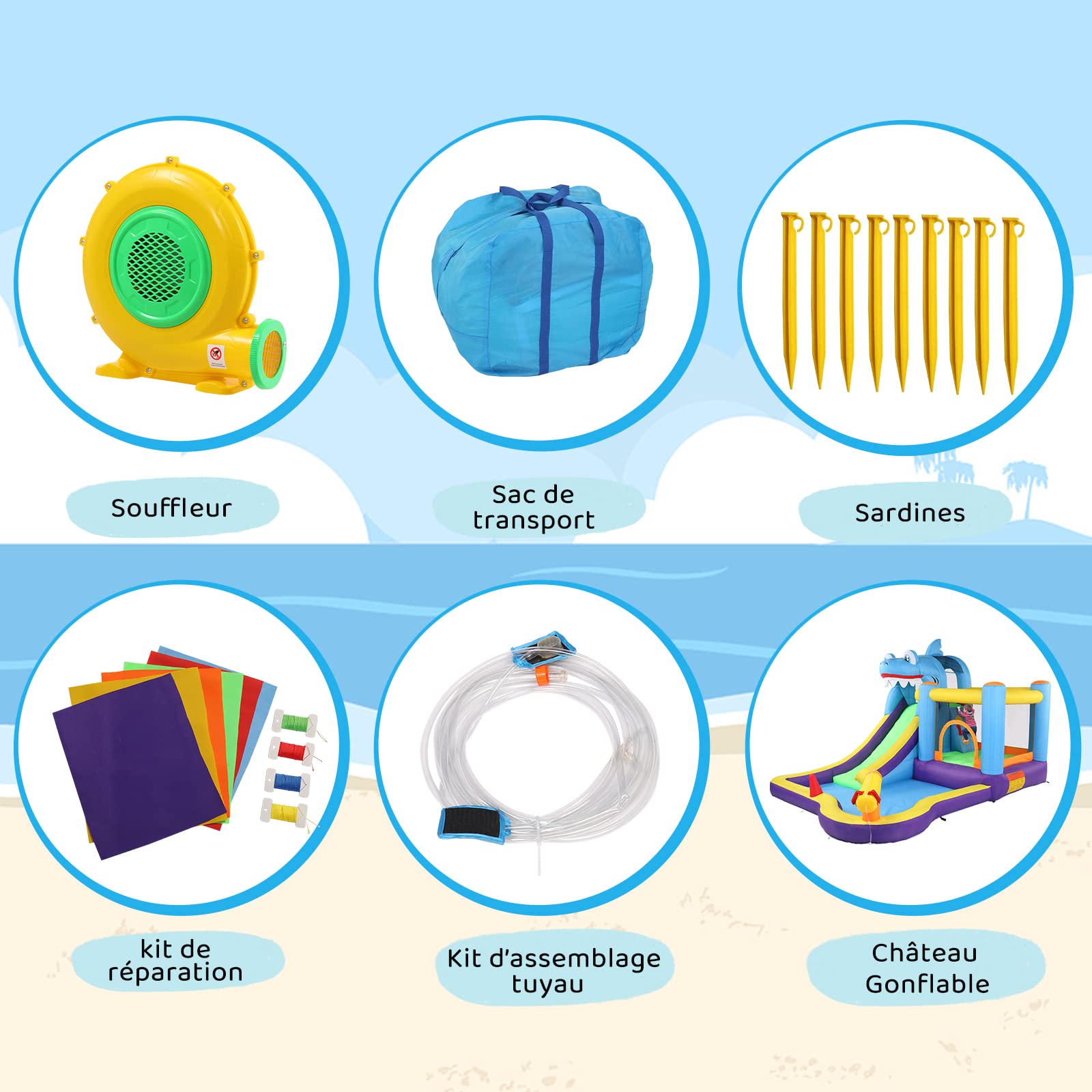 LEADZM Hüpfburg mit Gebläse, Aufblasbare Wasserpark mit Hai-Thema, mit Trampolin, Rutsche, Schwimmbecken, Wasserpistole, Geeignet für 3 Kinder im Alter von 3 bis 10 Jahren, 380x260x240 cm