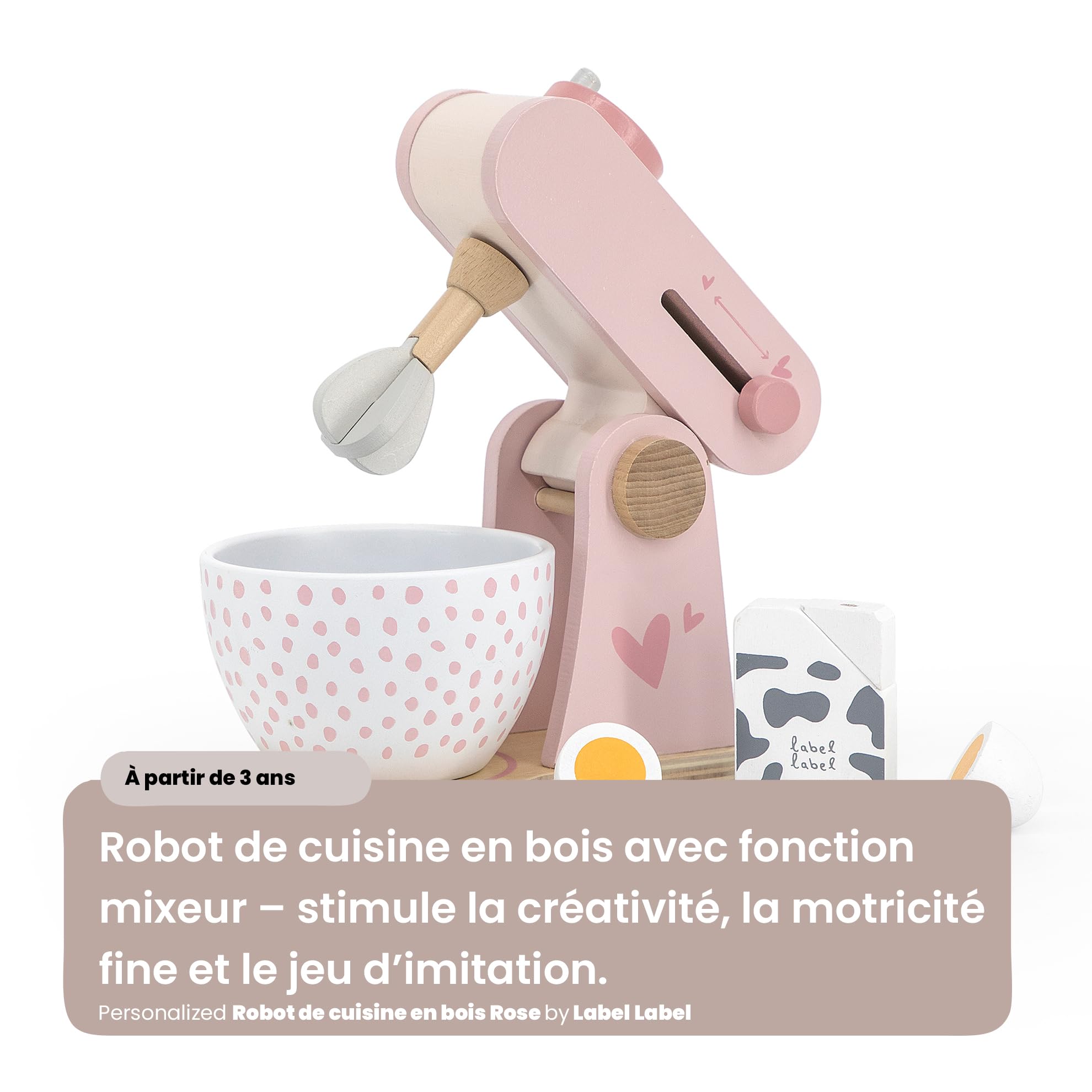 Personnalisable Robot de Cuisine en Bois Rose – avec Fonction mixeur & Bol mélangeur & favorise la créativité – pour Enfants à partir de 3 Ans – personnalisé avec Le prénom – Label Label