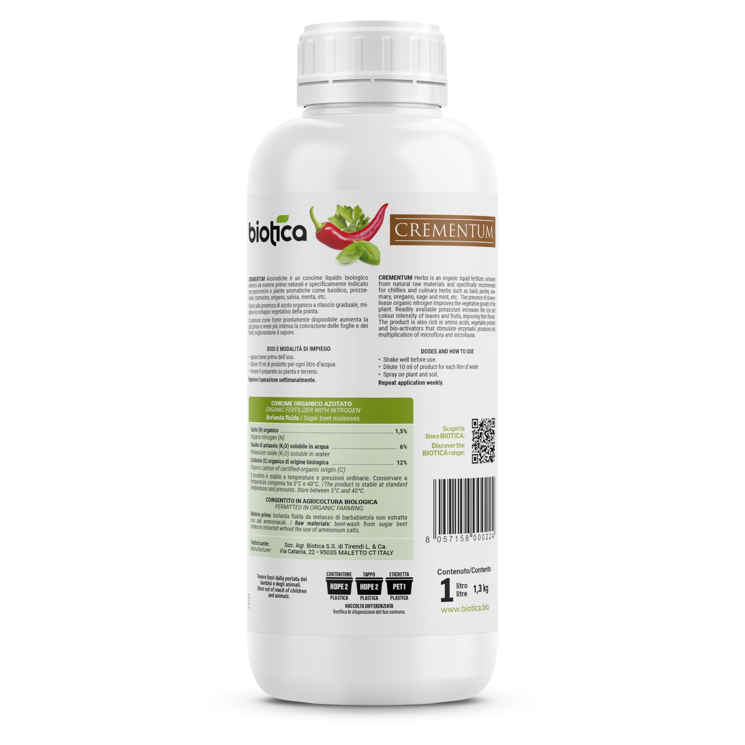 BIOTICA Engrais Liquide Biologique pour Piment et Plantes aromatiques - 1 Litre - CREMENTUM Engrais autorisé en Agriculture Biologique - basilic, persil, romarin, origan, sauge, menthe