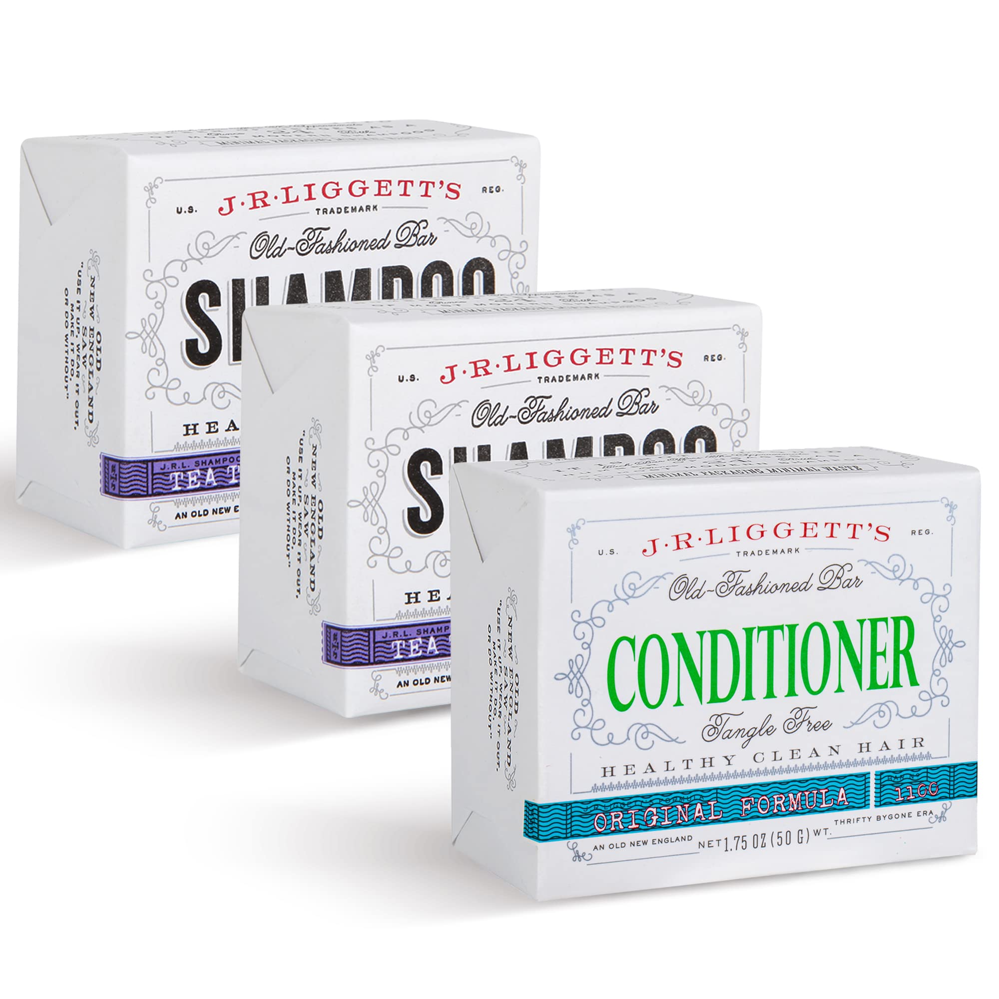 J.R.LIGGETT’S Solid Shampoo and Conditioner Bar Set - Conditioner Bar & 2 Tea Tree & Hemp Oil Formula Shampoo Bars - All-Natural Plant Based Ingredients - Clean Soft Tangle- Free Hair - USA[Amazon-developed Certification] Compact by Design