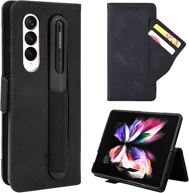 WOLAFOO Case for Samsung Galaxy Z Fold 4 5G with S Pen Holder, Z Fold 4 Case Leather with Kickstand, Magnetic Closure, Wallet Card Slot Protective Phone Case Cover for Galaxy Z Fold 4Black