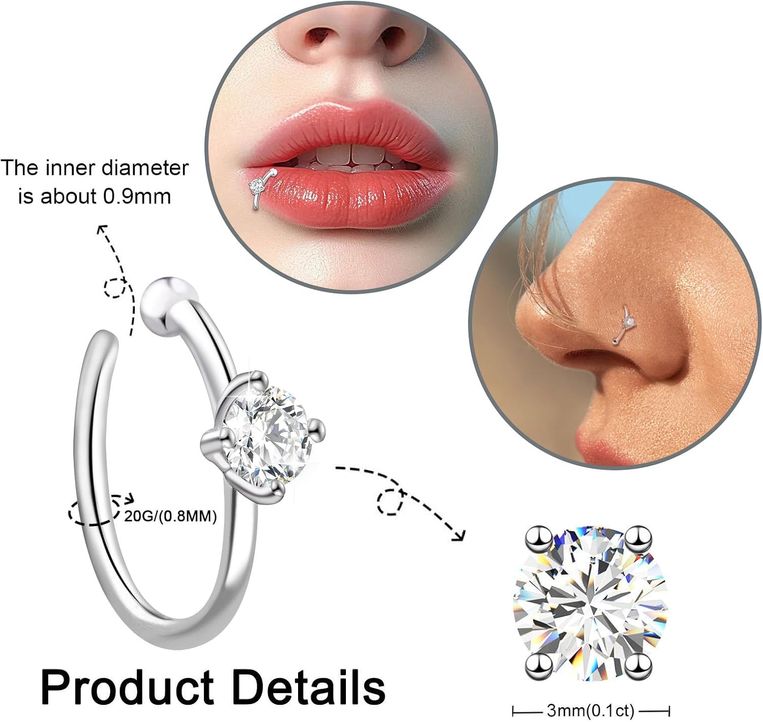 Moissanite Nose Hoop Ring - 925 Sterling Silver Moissanite Lip Hoop Piercing Real Moissan Hypoallergenic Jewelry Nose Hoop and Lip Hoop for Women