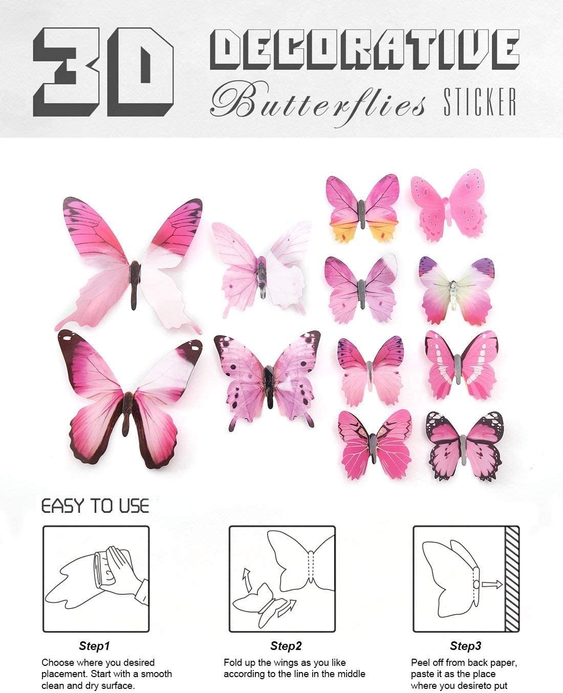 eoorau 60pcs Butterfly Wall Decals - 3D Butterflies Removable Mural Wall Stickers for Kids Girls Home Room Bedroom Decoration