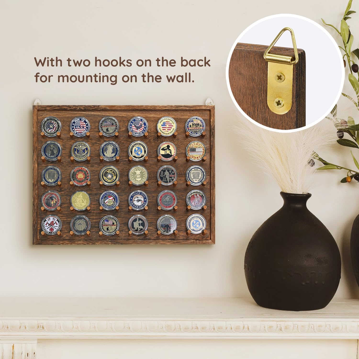 Ikee Design 木製壁掛けコインオーガナイザーディスプレイホルダー、チャレンジコインディスプレイケース5列、コイン30枚収納 ボックス  オーガナイザー 仕分け機 木箱 ティーバッグ チェストアクセサリー コーヒークリスタルディスプレイケース ティーバッグ 宝箱 装飾 ...