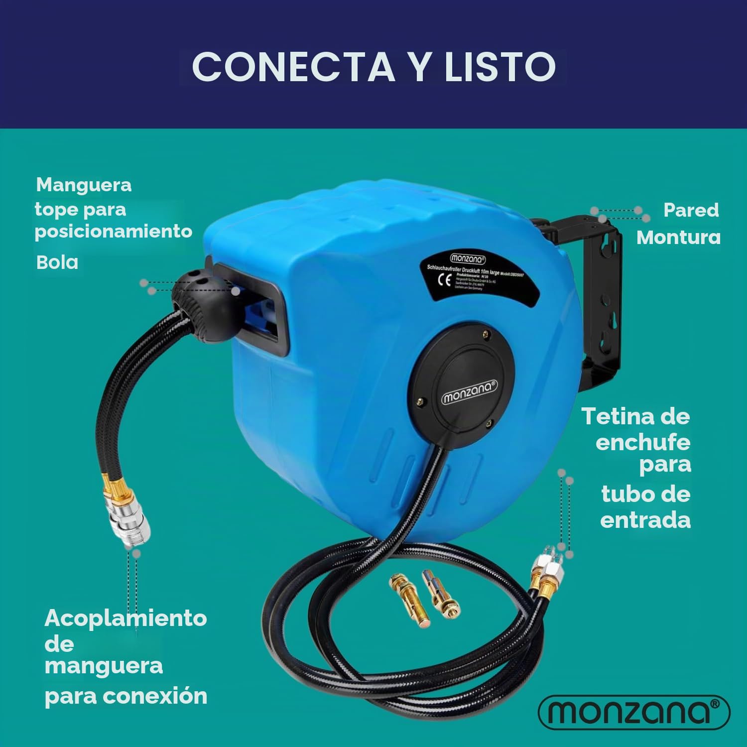 Monzana Carrete de Manguera Automático de 10m Soporte de Pared Aire Comprimido Conexión 1/4' Portamanguera